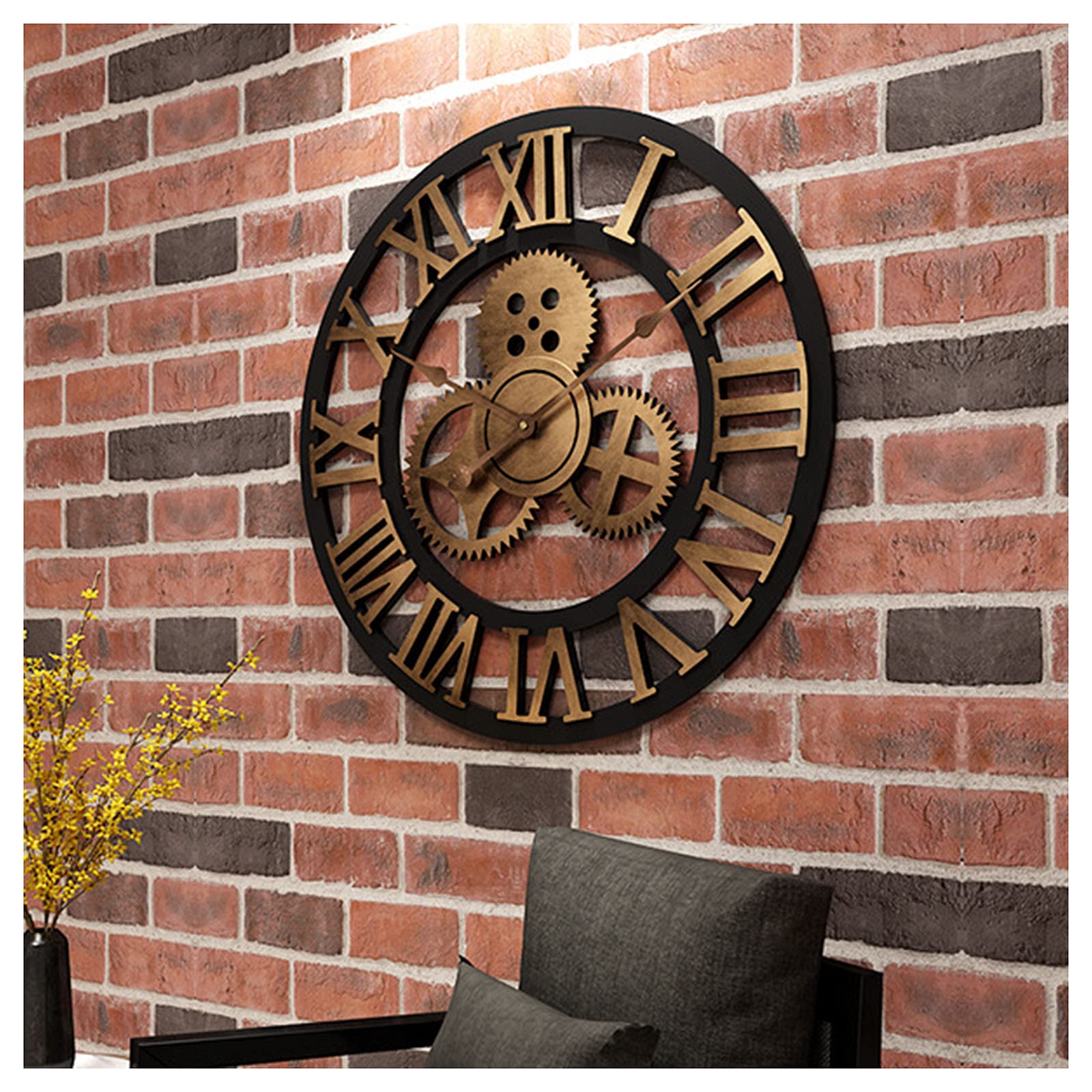 Cichy Zegar ścienny Z Cyframi Rzymskimi, Duży Zegar Bez Tykania, Dekoracyjny Zegar W Stylu Vintage, Wykonany Z Litego Drewna (Black gold 45 cm)
