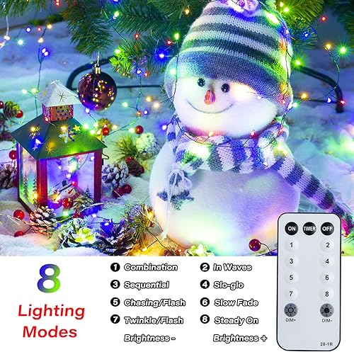 Miniatura 5 de Luces de árbol de Navidad, 7 pies, 640 luces LED en racimo con 8 modos y temporizador, 8 cadenas de luces de hadas con control remoto, luces de