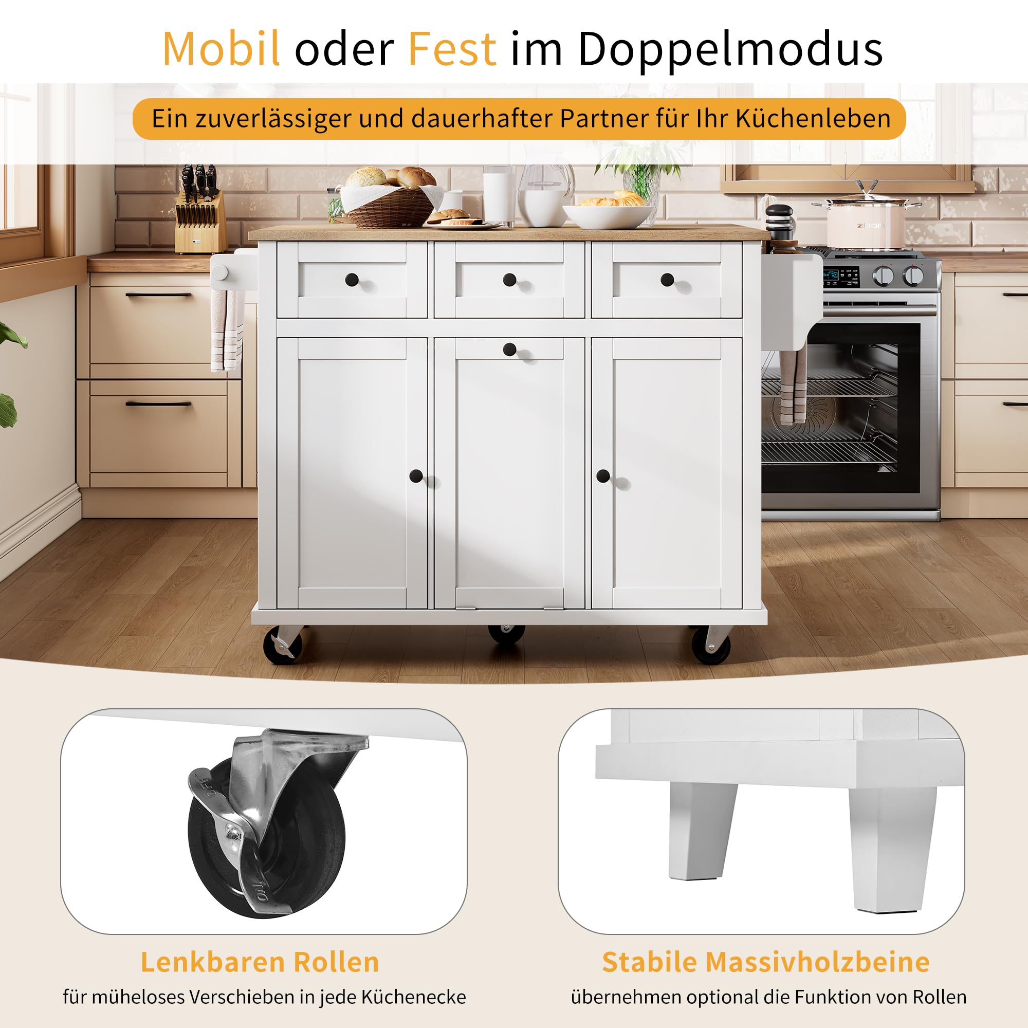 Mobile Kücheninsel mit Rollen & ausziehbarer Arbeitsplatte, Küchenwagen mit Stauraum, Schubladen & Abfallfach, platzsparende Kücheninsel für kleine Küche & Esszimmer (Weiß)