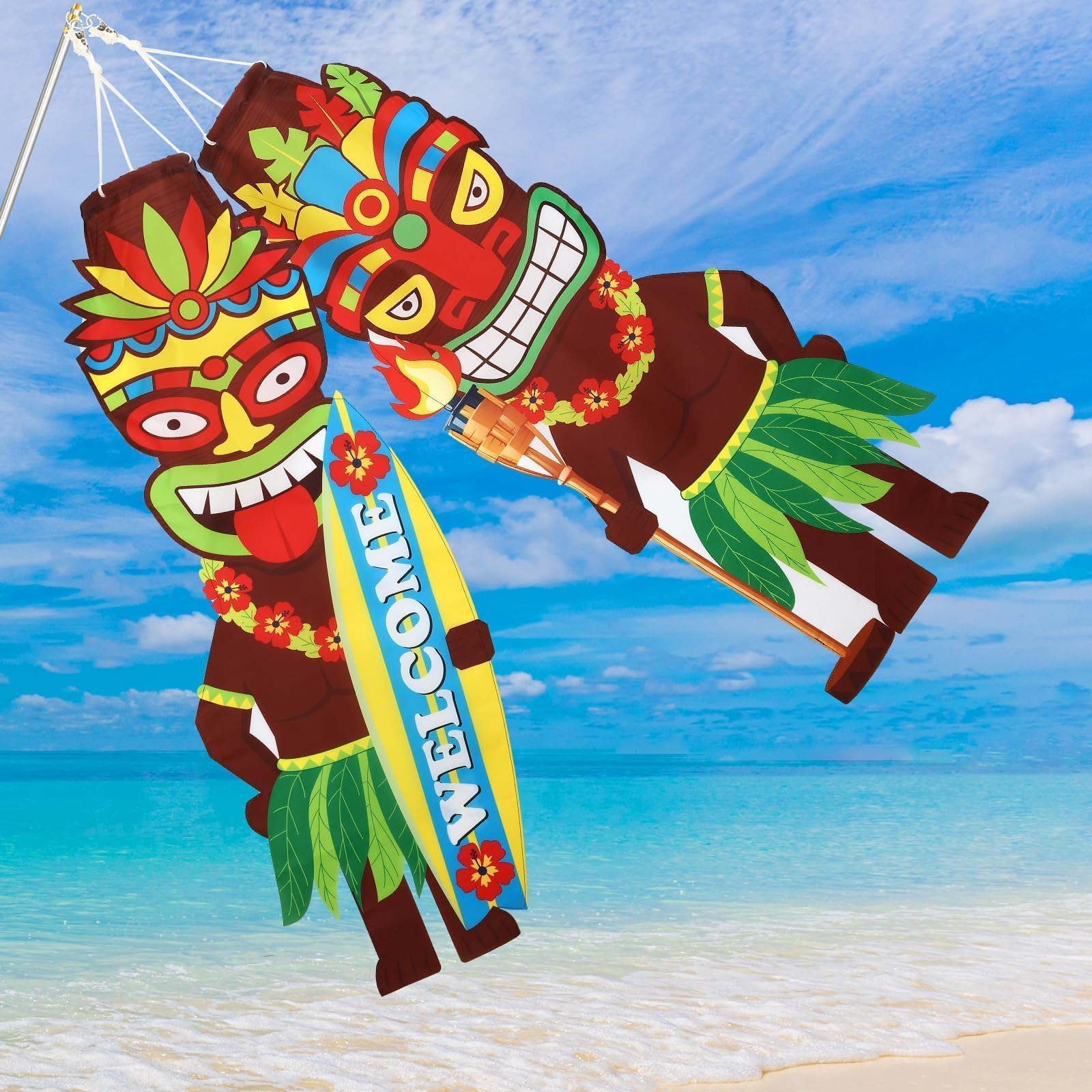 NOVWANG 2 PCS Luau Party Windsock, Hawaiian Party Hanging Decoration Tiki Outdoor Wind Sock for Yard Garden Patio Hawaii Luau Tropical Birthday Decor