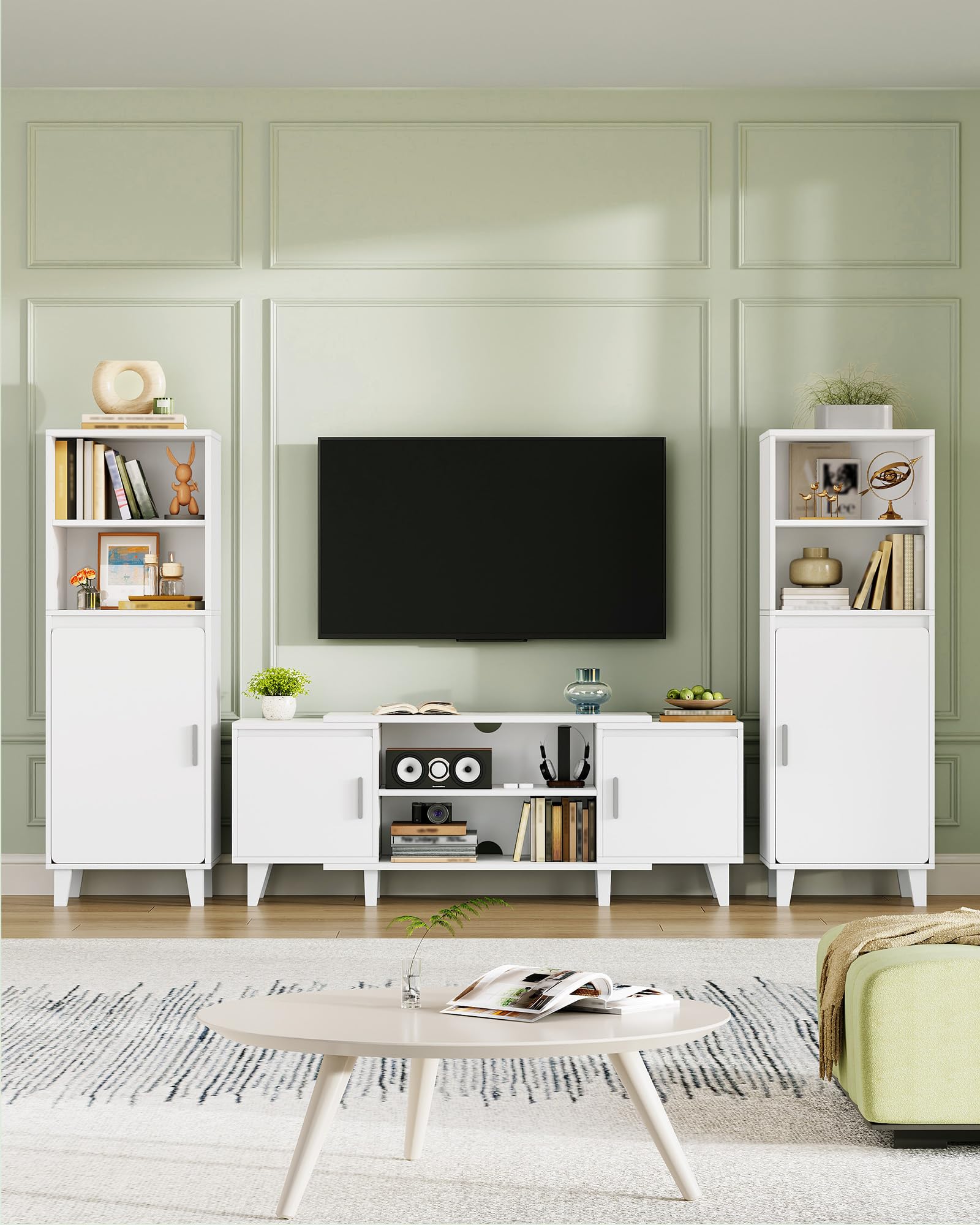 Hzuaneri Wohnwand, 3-teiliges TV Möbel Set mit 1 TV-Lowboard und 2 Freistehenden Schränken, Modernes Mediamöbel Set mit Großem Stauraum für Wohnzimmer, Weiß TV00103W