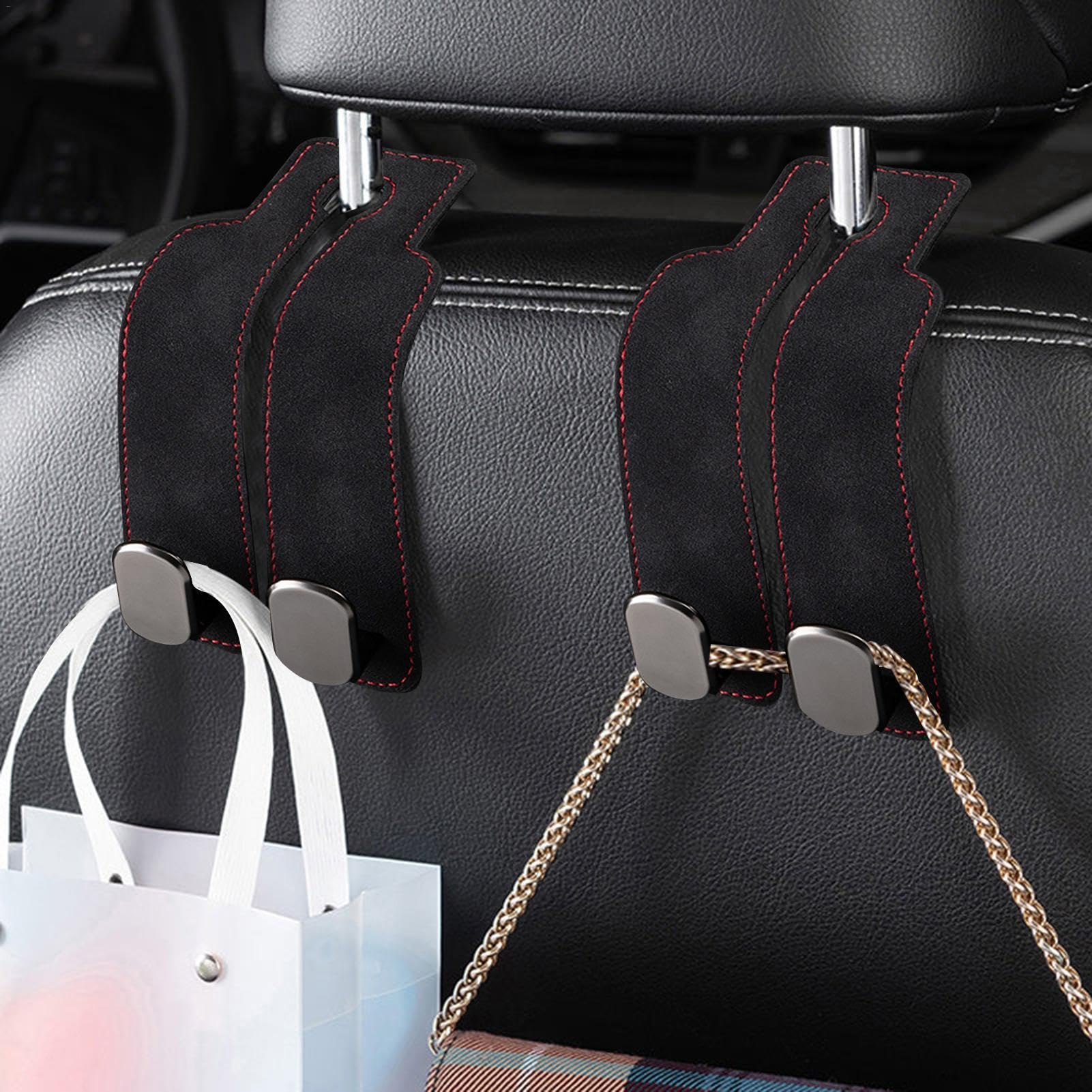 CARFIB 2 Ganci Per Borsa Auto Pieghevoli - In Pelle Nera, Per Poggiatesta Sedile Posteriore - Accessori Interni Auto