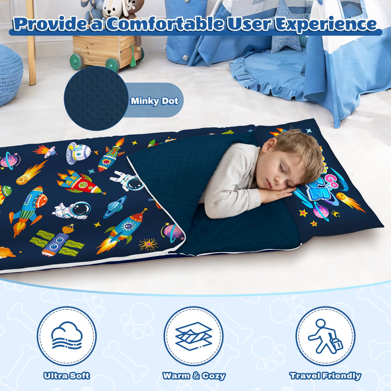 Saco de Dormir para Niños con Almohada, Tapete de Siesta para Niños y Niñas, Cálido Saco de Dormir de 150 x 60 cm, Tapete de Dormir Enrollable con Doble Cremallera