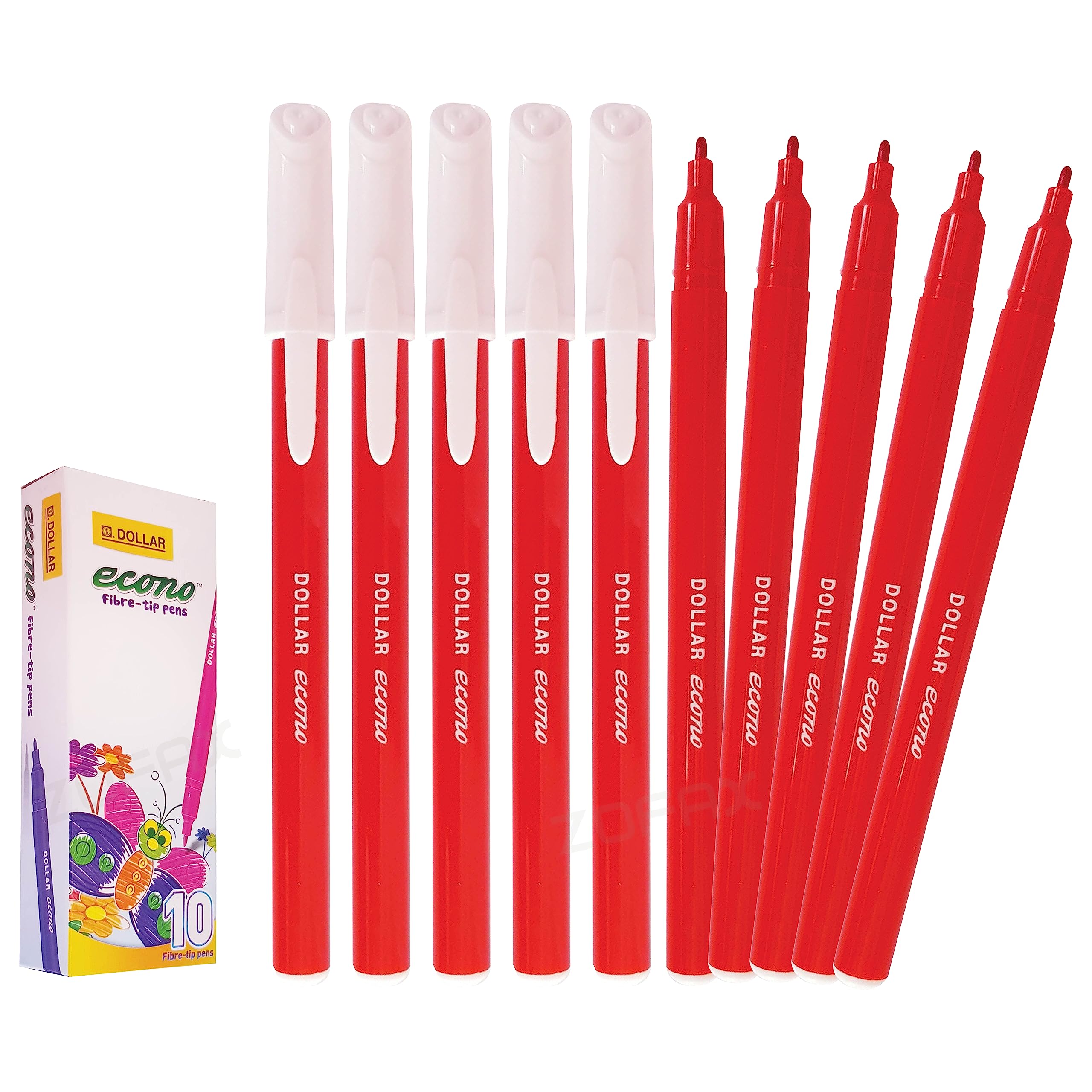 DOLLAR FeltStic Writing Pens, RED, Pack of 10, Fine Point, Smooth Writing, Ideal for Colour Draw Sketch Mark Fine Line Pens, School Office Home Use