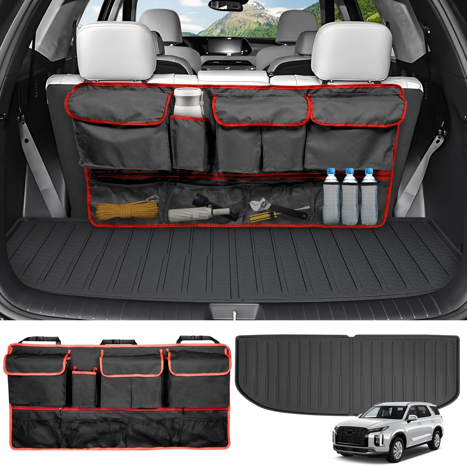 Cargo Mat Back Seat Organizer Compatible with 2020-2025 Hyundai Palisade Cargo Liner All Weather Trunk Liner Multi-Functional Trunk Bag for 2025 Palisade Accessories(Trunk mat+Seat Organizer cargo mat+trunk backrest organizer