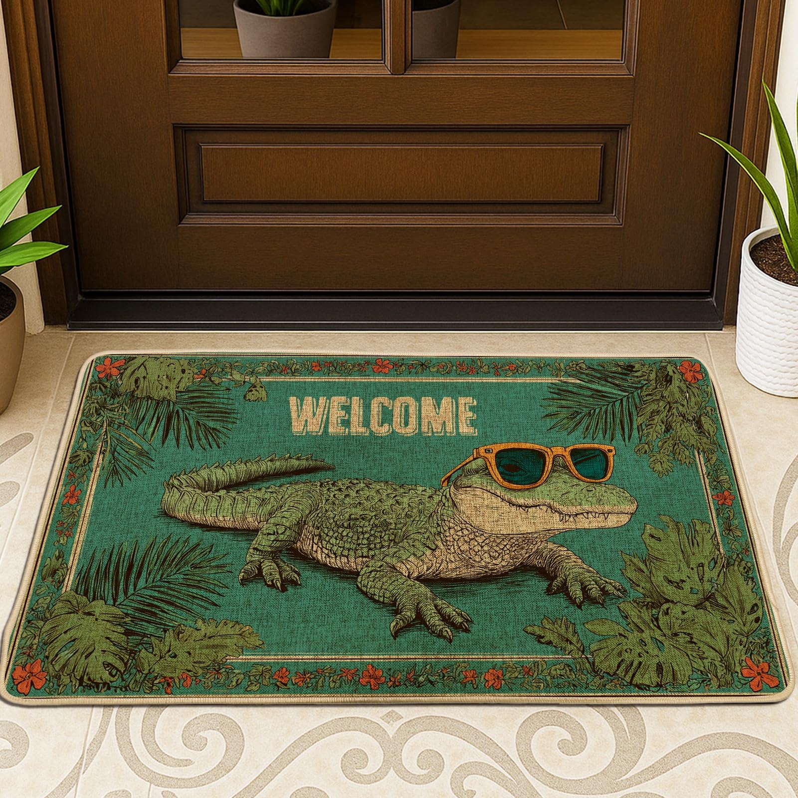 Welcome Alligator Doormat, Green Tropical Entrance Mat for Summer Outdoor & Indoor Decor, Non-Slip Water-Resistant Front Door Mats, Easy to Clean 29x17 Inch
