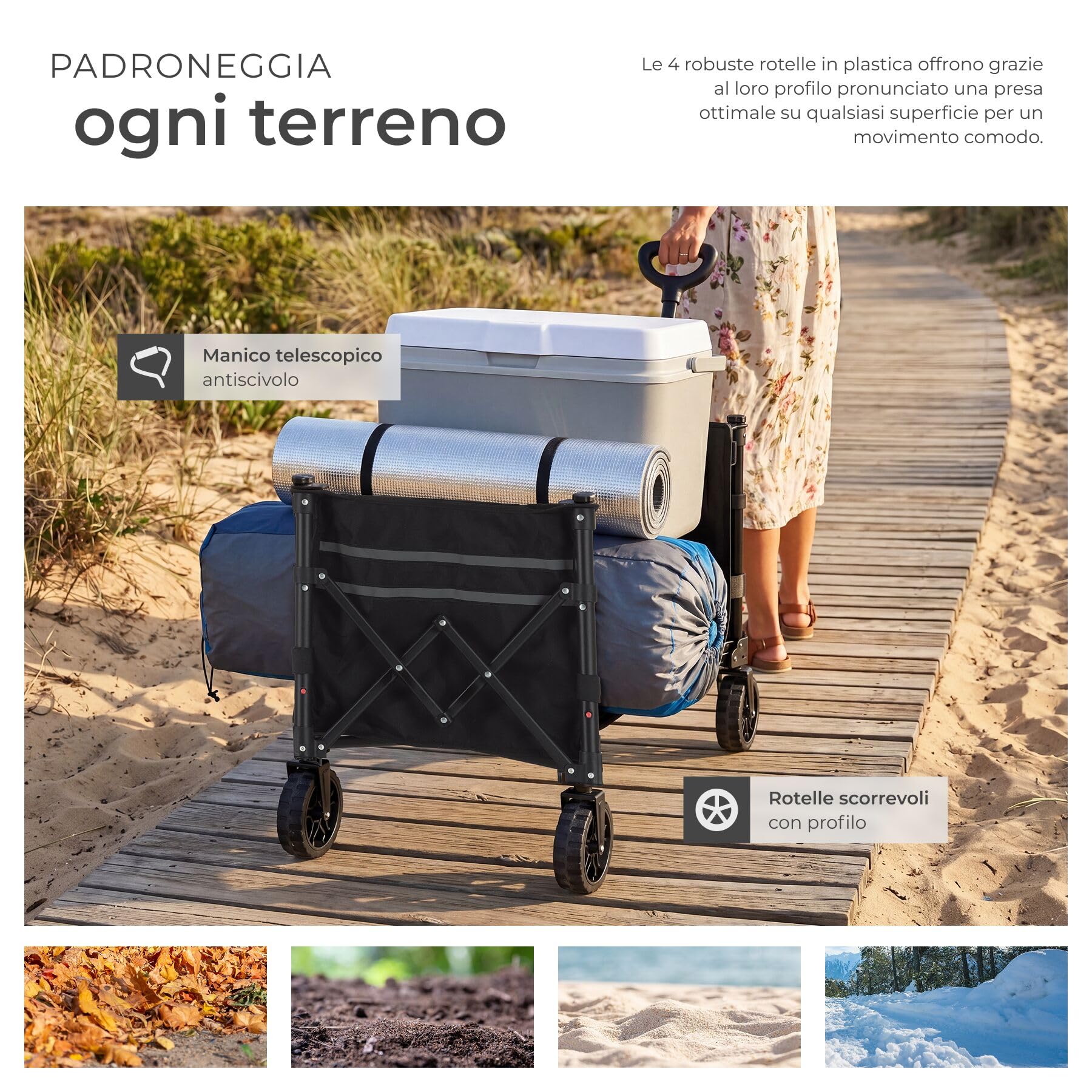 tectake®, Carrello con Ruote Portatutto a mano pieghevole, 120 L portata max 60 kg in acciaio, Carrellino con Ruote Portatutto, trolley con manico, ruote girevoli con freno, carrello spesa, campeggio