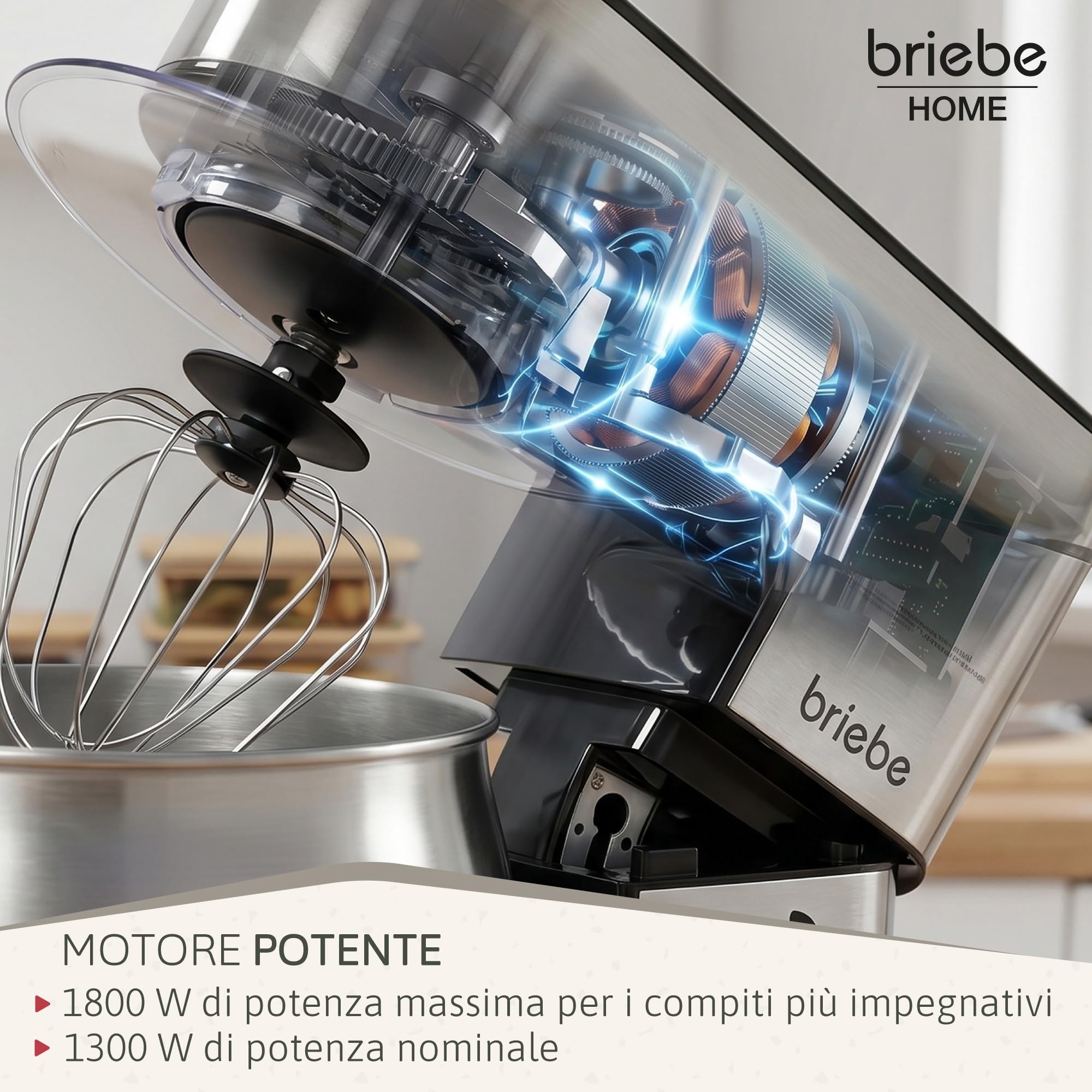 briebe Impastatrice Planetaria Professionale per Pasticceria 1800W MAX, Robot da Cucina Orbitale, Frusta, Gancio Impastatore, Ciotola 5 L, 6 Velocità + Funzione Pulse, Inox KM1114