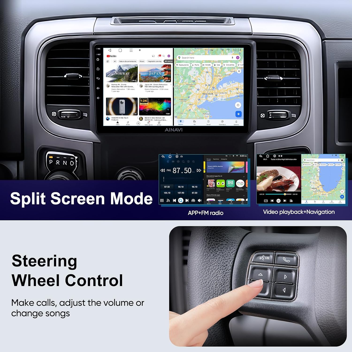 Car stereo screen showing split screen mode with navigation and radio
