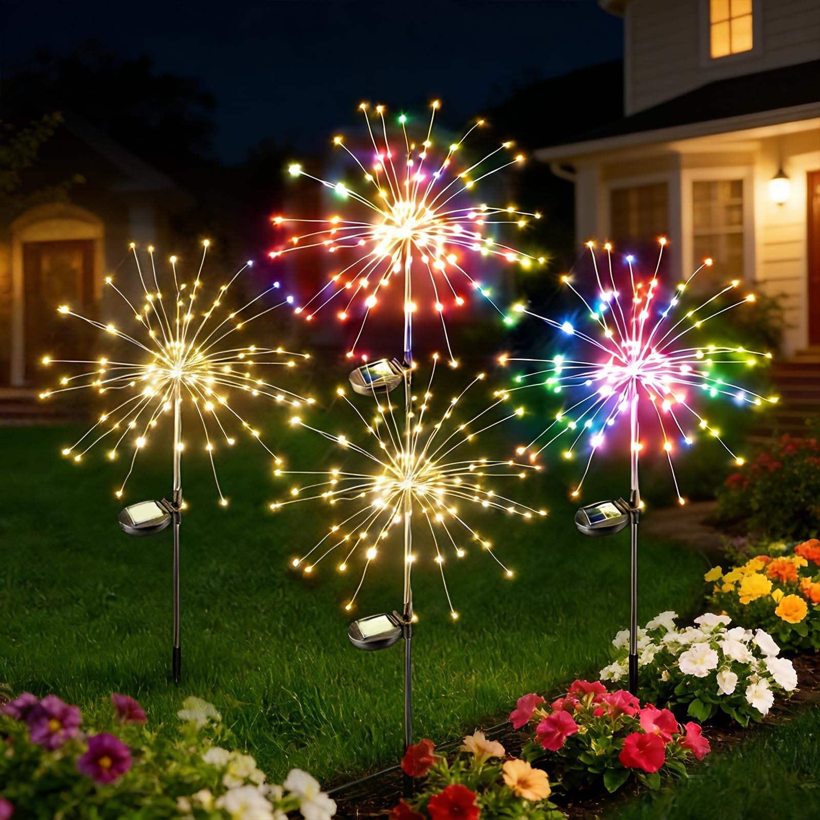 4 Pack 200LED Garden Lights Solar Powered Waterproof, Fireworks Solar Lights Outdoor for Yard Pathway, Solar Fairy Lights Christmas Decorations (2 Warm & 2 Colored)