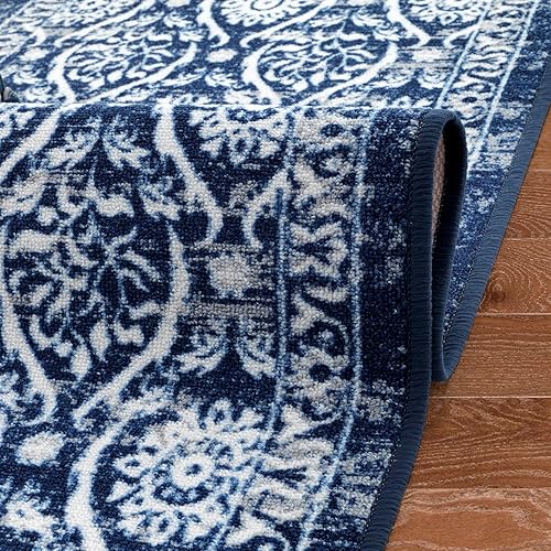 Miniatura 4 de Antep Rugs Alfombras antideslizantes (antideslizante) 2 x 4 con parte trasera de goma floral geométrica de bajo perfil para cocina (azul marino,