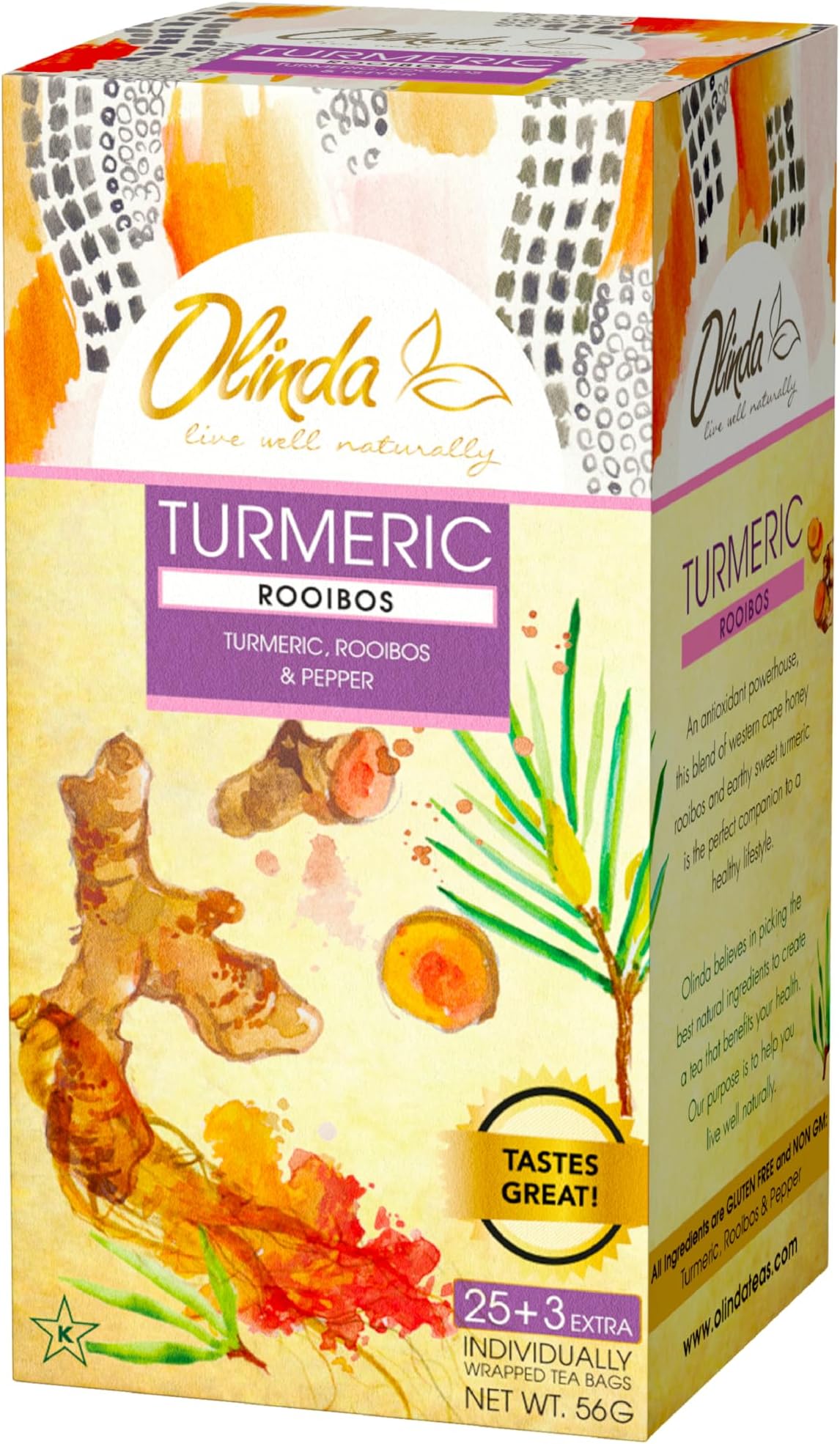- Olinda Turmeric Rooibos and Pepper Herbal Tea Caffeine Free Tea 28 Tea Bags Hot or Cold Brew