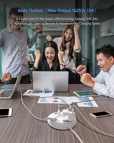 Miniatura 2 de BESTEK - Tira de alimentación de viaje, cable de extensión de 6 pies con 4 puertos USB y 6 salidas (13A 125 V), regleta protectora de sobretensiones