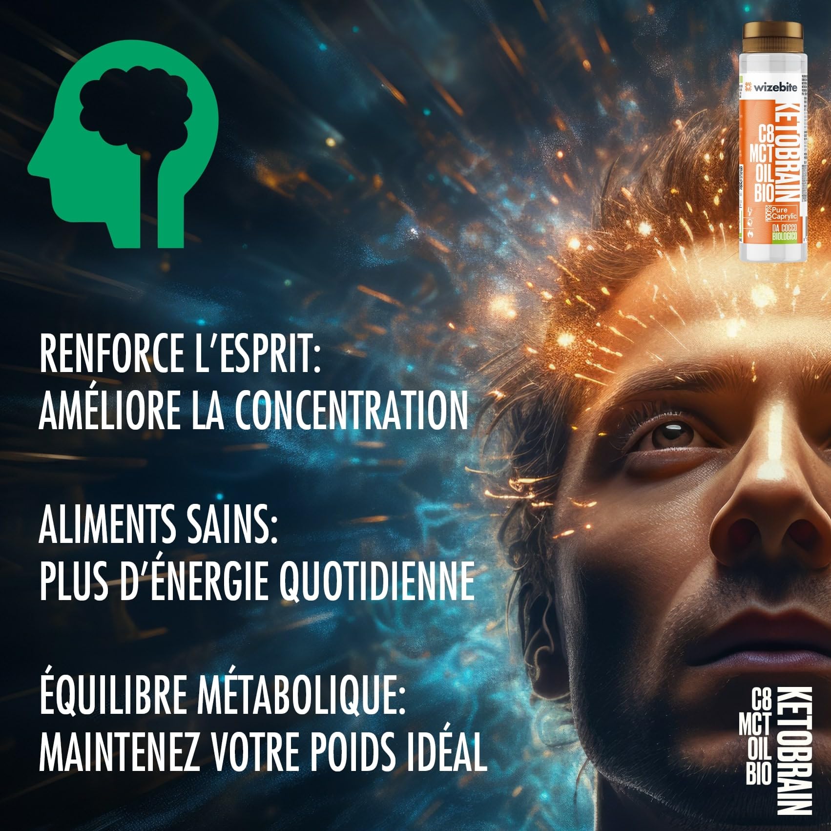 WIZEBITE Huile MCT 100% C8 KetoBrain - Énergie Durable & Rapide, 250 ml - Parfaite pour le Régime Cétogène, le Régime Paléo & la Performance Cognitive - Huile de Noix de Coco Biologique