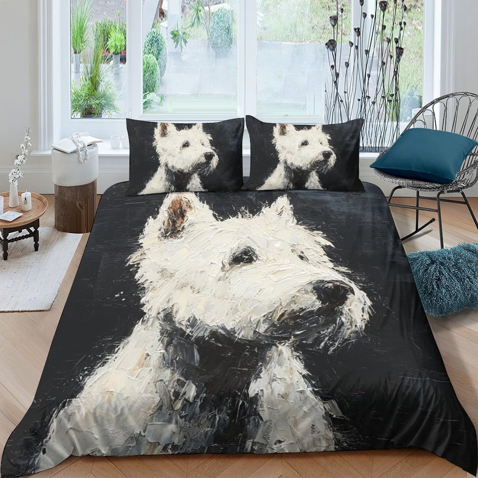 Ctjqhvkz Style-8 3D Printed White Westie Dog Fitted Sheet Microfiber Soft Black Bed Cover For Bedroom Guest Room Easy Care Decor Single（135X200cm）