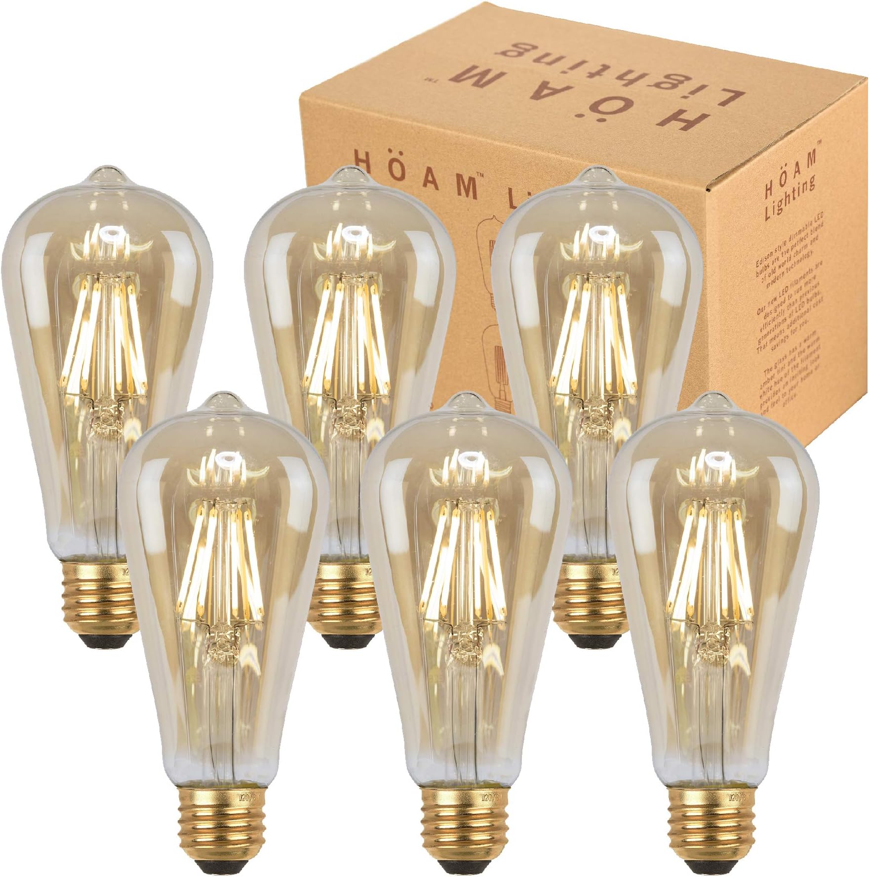 6 Pack Edison Bulbs from HOAM Lighting, Dimmable LED Filament, Antique Style, Amber Glass, 6W LED 60W Incandescent Equivalent 4000K Warm White Color Temperature, ST18 ST64, E26 E27 Screw Cap, 120V