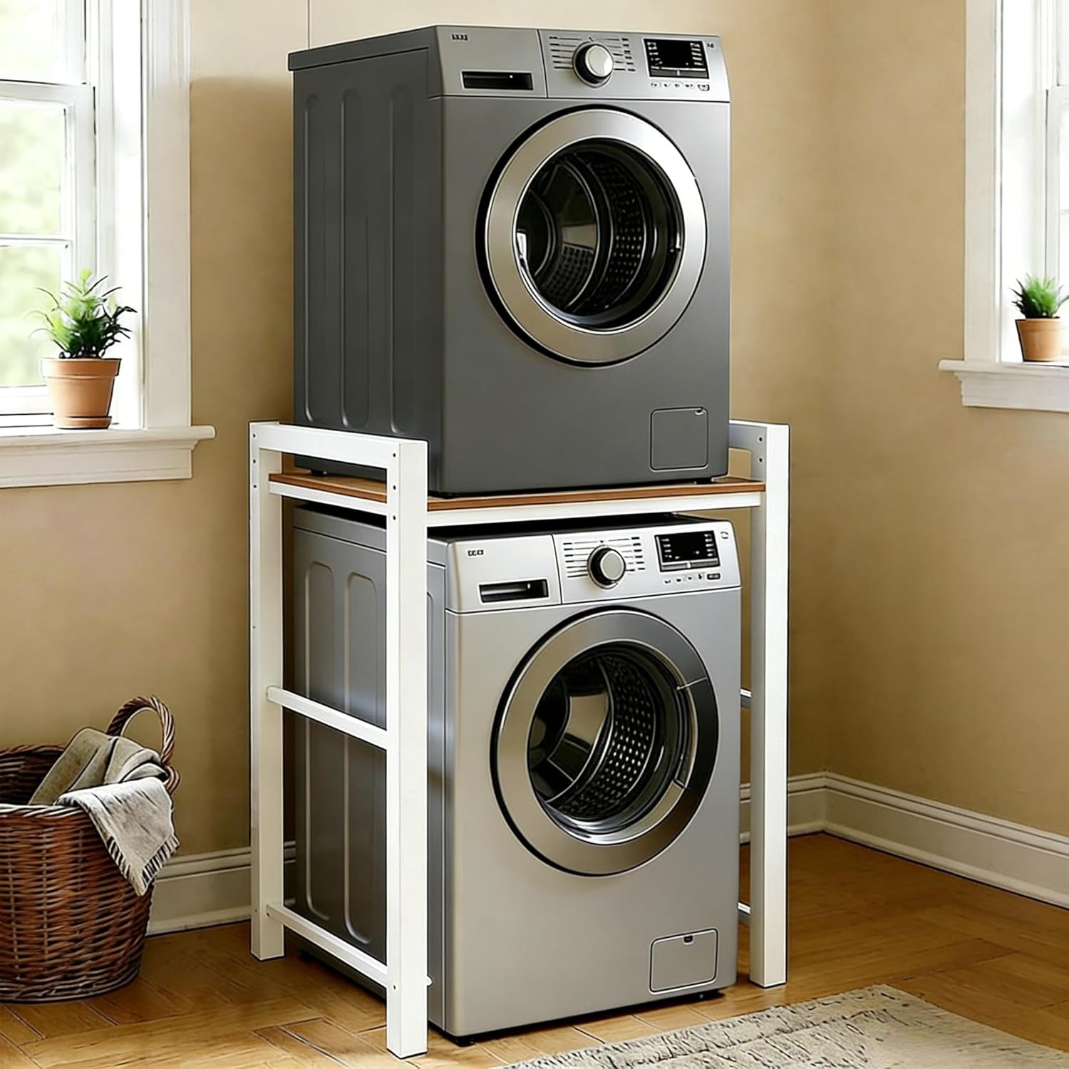 Mueble para Lavadora, Mueble para Lavadora y Secadora – Carga 350kg, Soporte Secadora Sobre Lavadoras – Ajuste de Altura de 3 Niveles, Armario Lavadoras Secadoras para Baño Balcón Lavandería (Blanco)