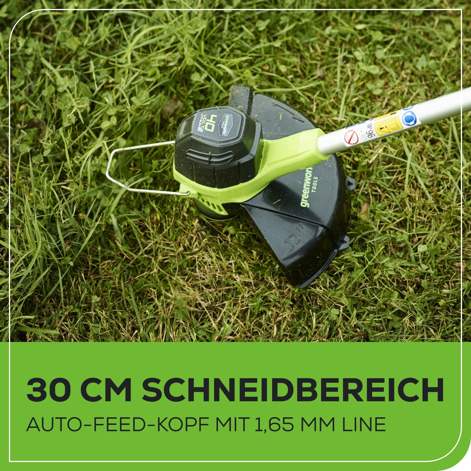 Greenworks 40V Akku Rasentrimmer für mittelgroße Gärten, höhenverstellbar, 30 cm Schnittbreite, automatischer Vorschub 1,65 mm Nylon Faden, zwei 40V 2Ah Akkus & Ladegerät, 3 Jahre Garantie G40LTK2X