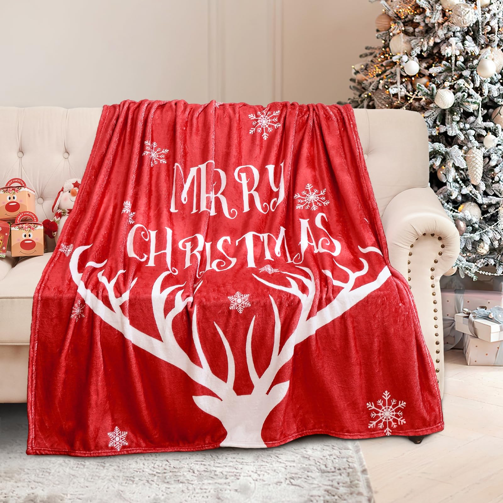 Exclusivo Mezcla Christmas Throw Blanket for Couch Soft Fuzzy Cozy Blankets for Winter Red Reindeer Patternt Decoration Blanket