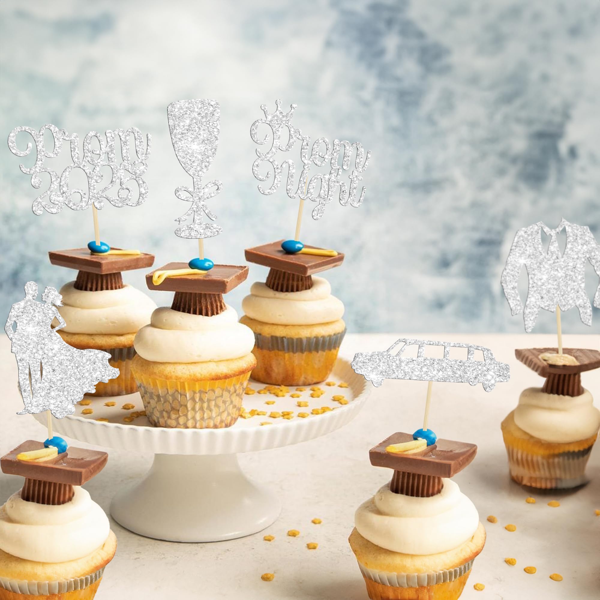 Gyufise 24Pcs Prom Cupcake Topper 2026 Prom Graduation Cake Topper 2026 Grad Decorations Class of 2026 College Party Decorations Silver - Image 4