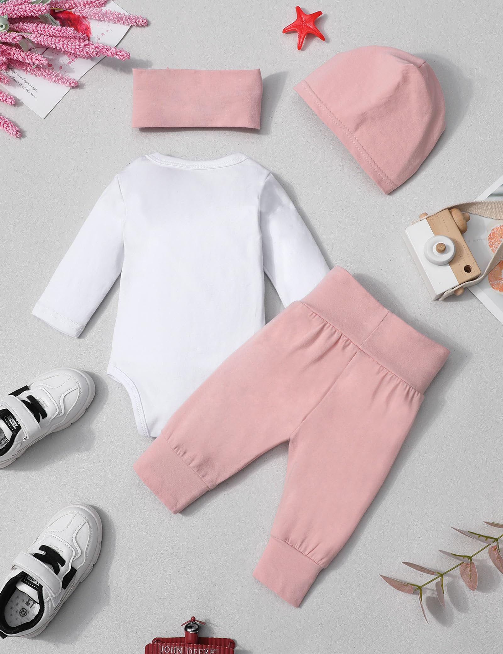 Baby-Kleidungs-Set für Neugeborene, weißes Rüschen-Langarm-Top + Hose + Stirnband + Mütze, 4-teilig, 0–6 Monate Babykleidung