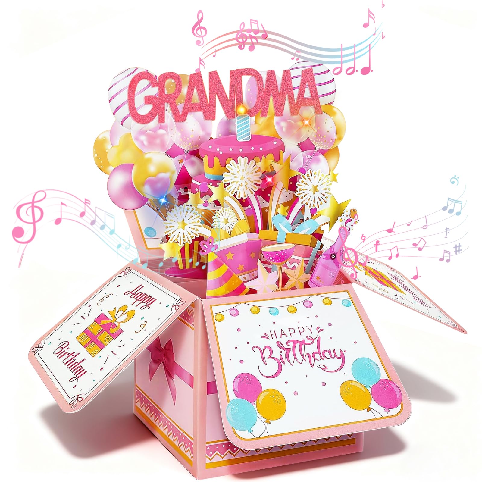 Pop Up Birthday Card for Grandma with Music and Lights, 3D Cake Design Blow Out Candle Greeting Card, Musical Birthday Gift for Grandma from Grandchildren