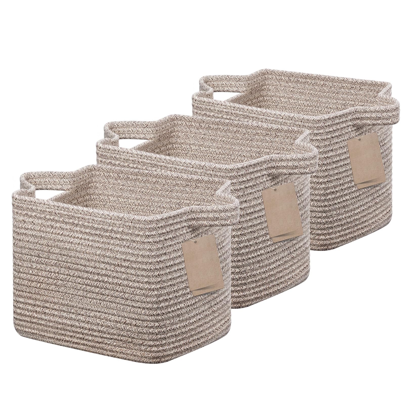 JOJOSEE Small Woven Storage Basket, Cotton Rope Basket for Shelves, Square Shelf Baskets for Home Bathroom Closet Organizer 33x25x22.5cm (Brown Variegated,3PCS)