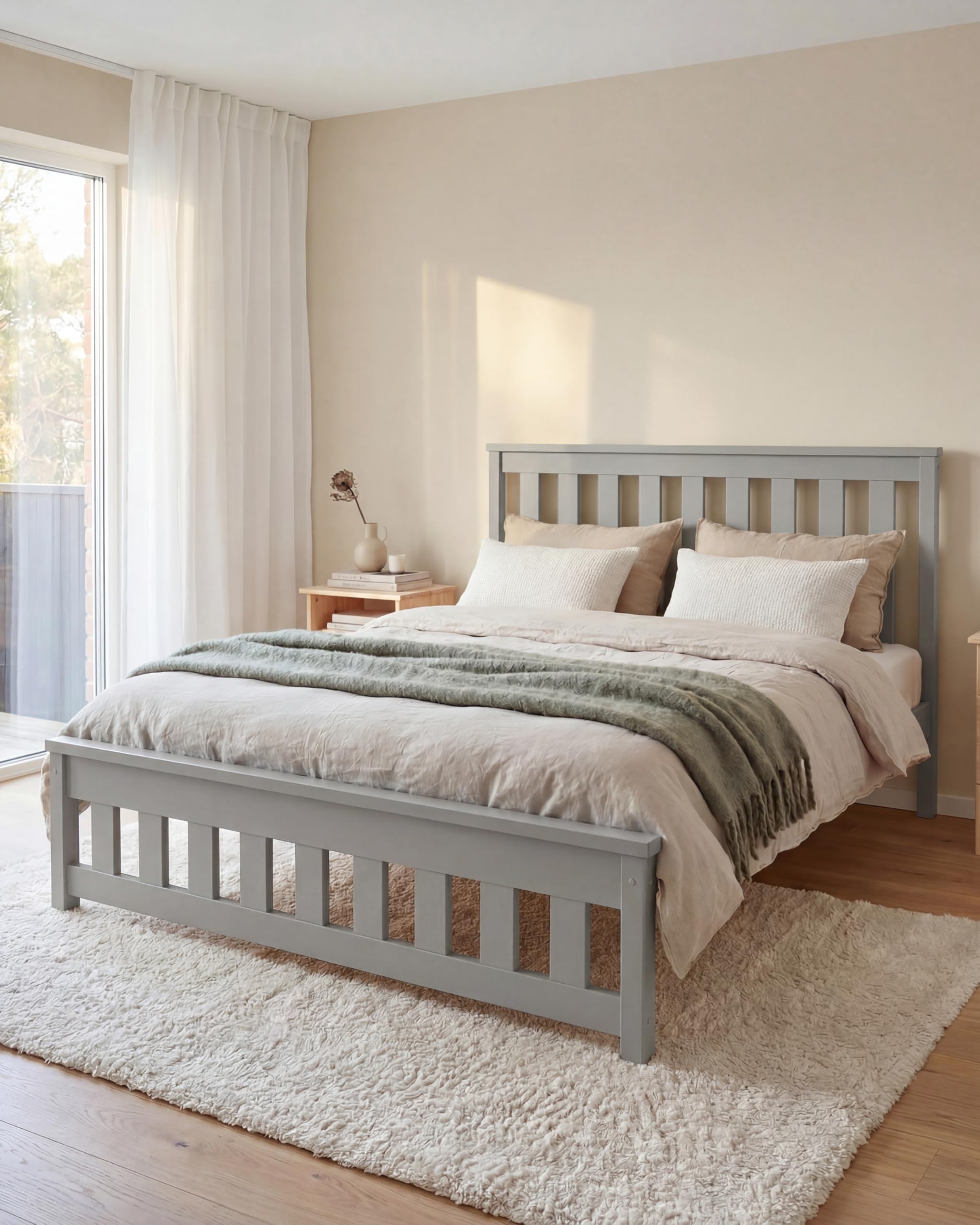 EcoBeds ADA Holzbett 140x200 cm Kiefer Massivholz bis 200 kg | Grau - Doppelbett, Bettgestell mit Lattenrost und Stauraum, für Erwachsene, robust, einfache Montage