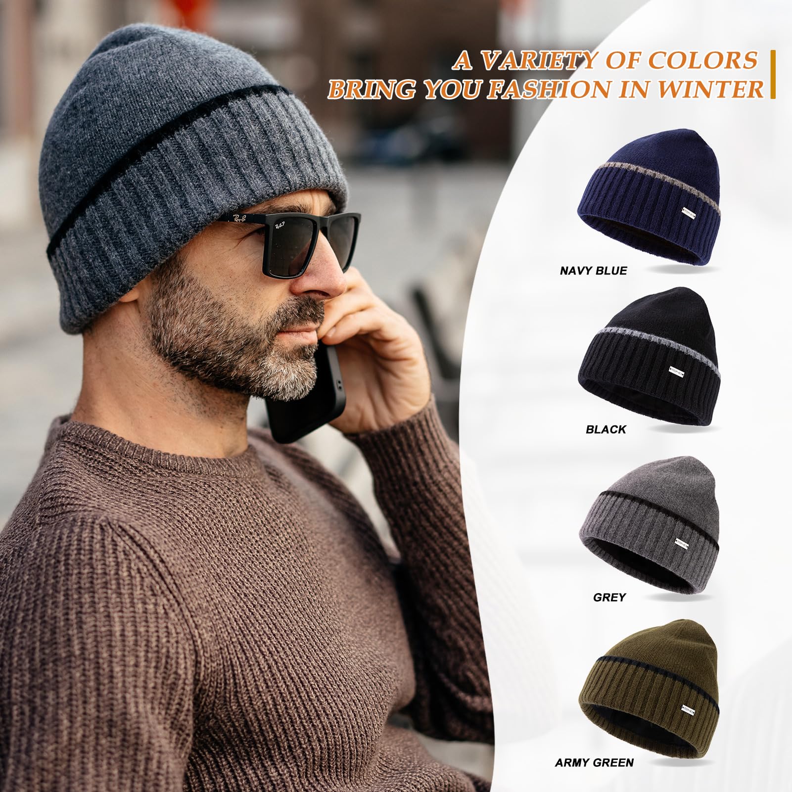 TOP-EX XL/XXL 50%-100% Merinowolle Beanies Mützen Herren Fleece gefüttert Strickmütze Warme Wintermützen Bündchen Beanie
