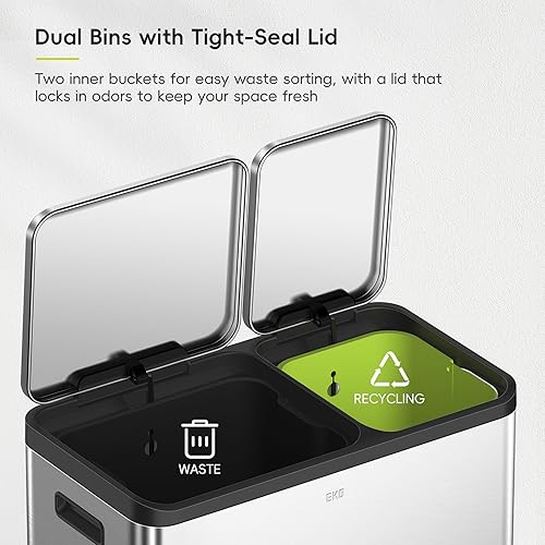 Miniatura 13 de EKO EcoCasa II - Bote de basura doble de 36 L + 24 L con cubo de reciclaje, cubo de basura de acero inoxidable con tapa, compartimento desodorante