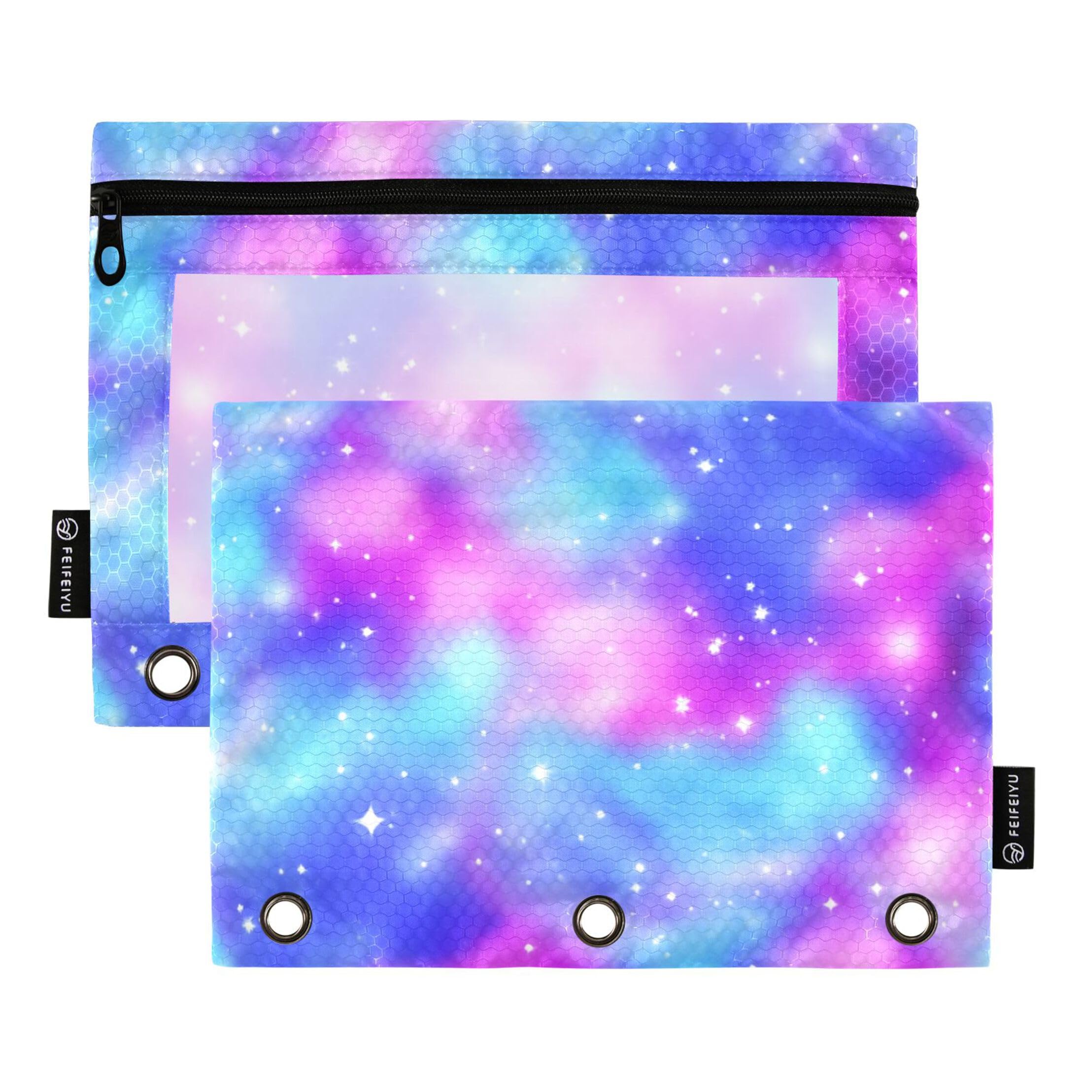 Galaxy Rainbow Clouds Blue Pink Pencil Pouch for 3 Ring Binder Zipper Binder Pencil Bag Pen Transparent Clear Binders Pen Case School Women 9.8" x 7.1", 2 Packs
