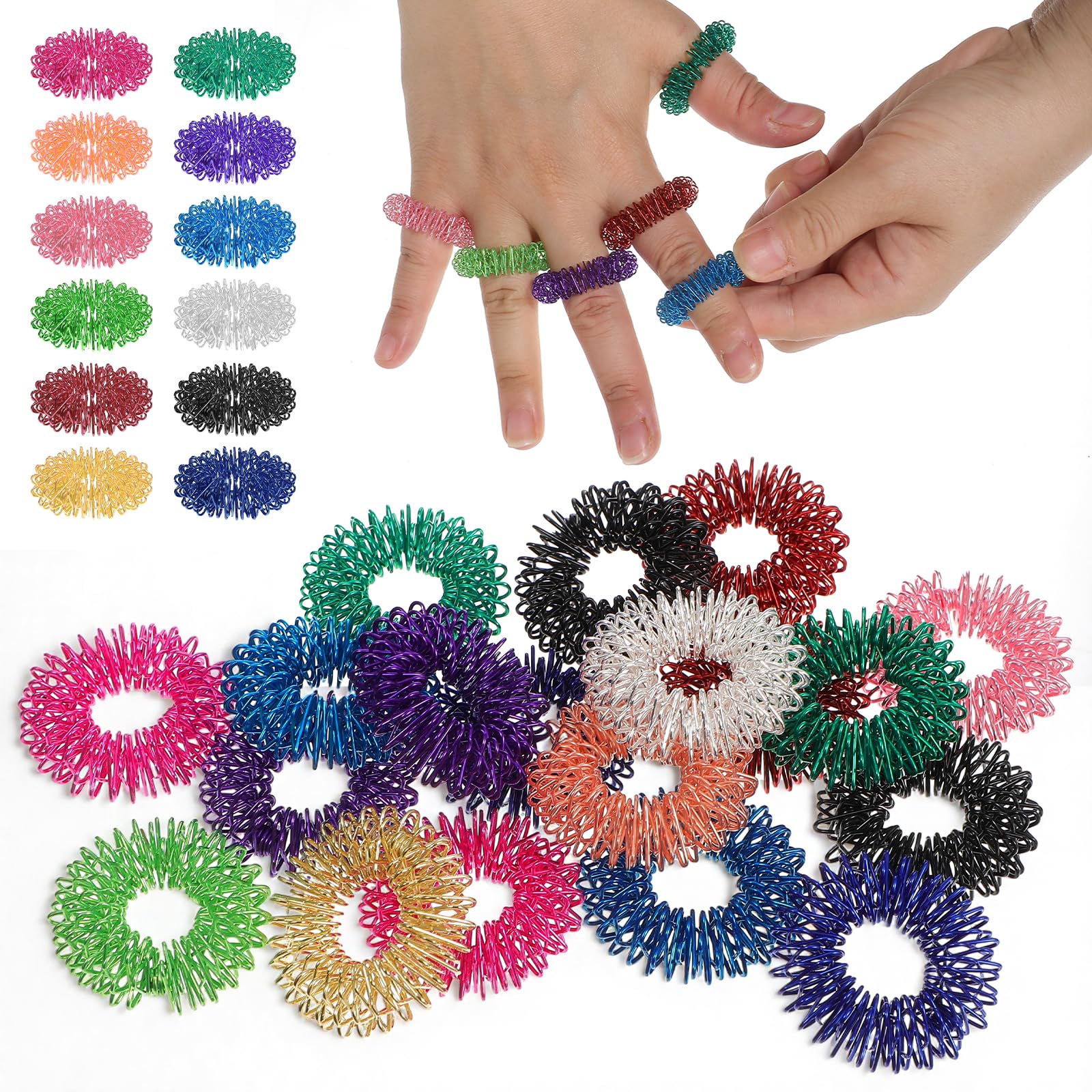 24 Pcs Acupressure Rings 12 Colors Finger Massager Silent Spiky Sensory Rings Fidget Sensory Massager Stocking Stuffers Gifts