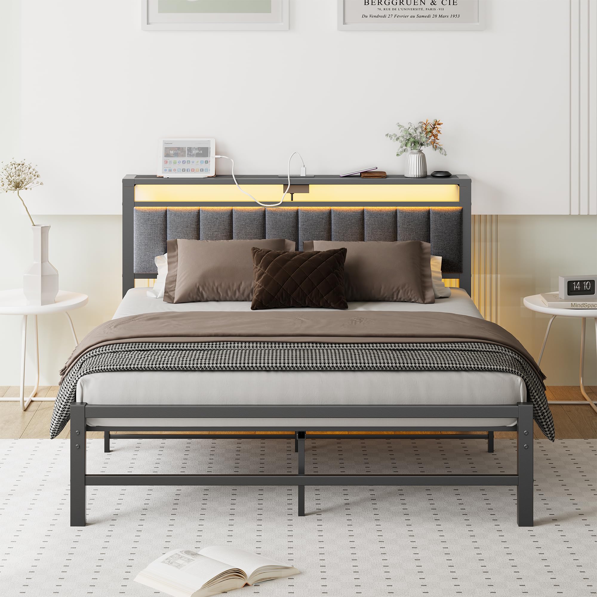 ARFARLY Double Bed Frame with Storage Headboard, 4ft6 Upholstered Bed Frame Double Bed with Charging Station and LED Lights/Under Bed Storage/No Box Spring Needed, Dark Gray