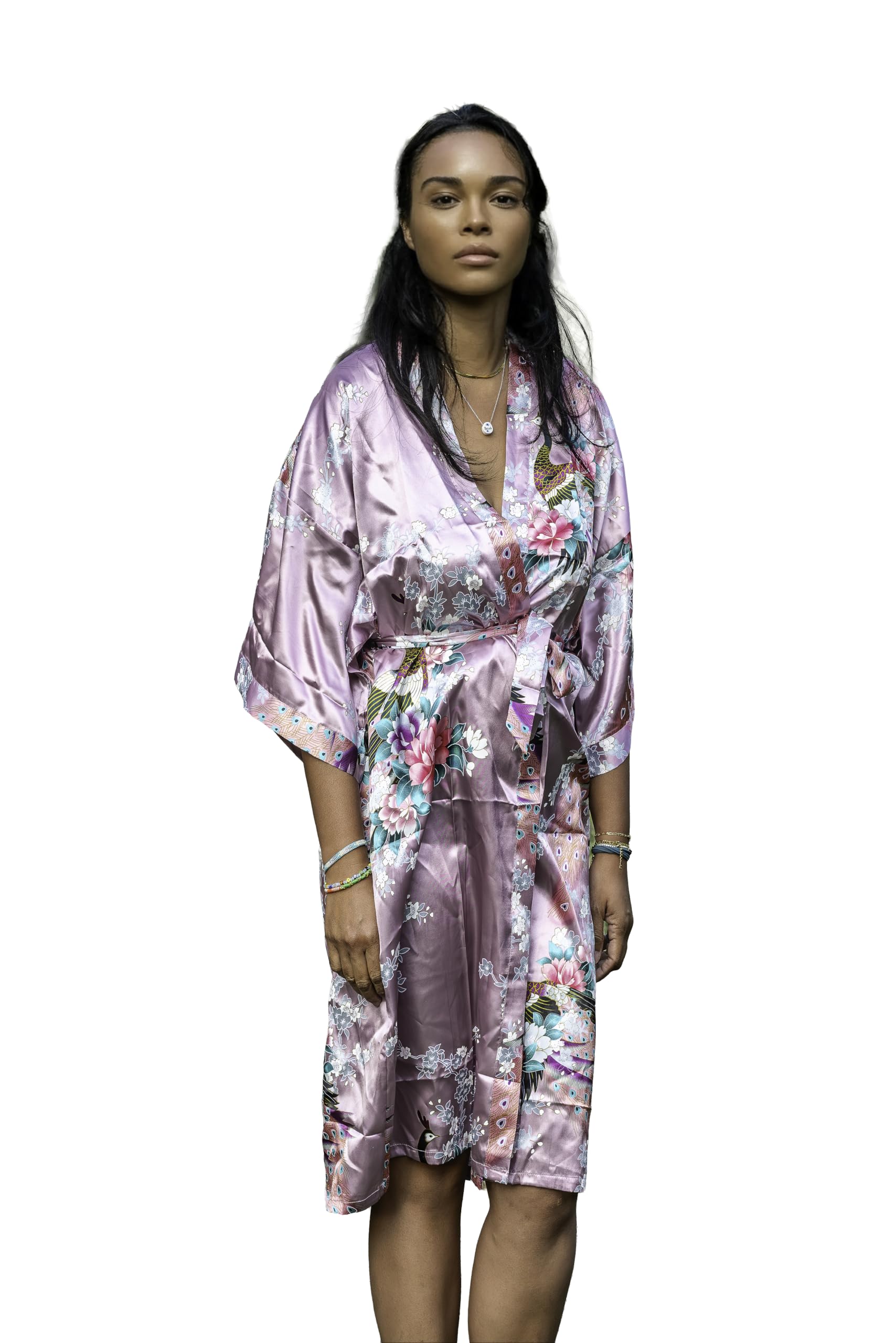 Kimono Robe Long 16 Colors Premium Peacock Bridesmaid Bridal Shower Womens Gift, 8 - 16 UK adult, Pink Lilac