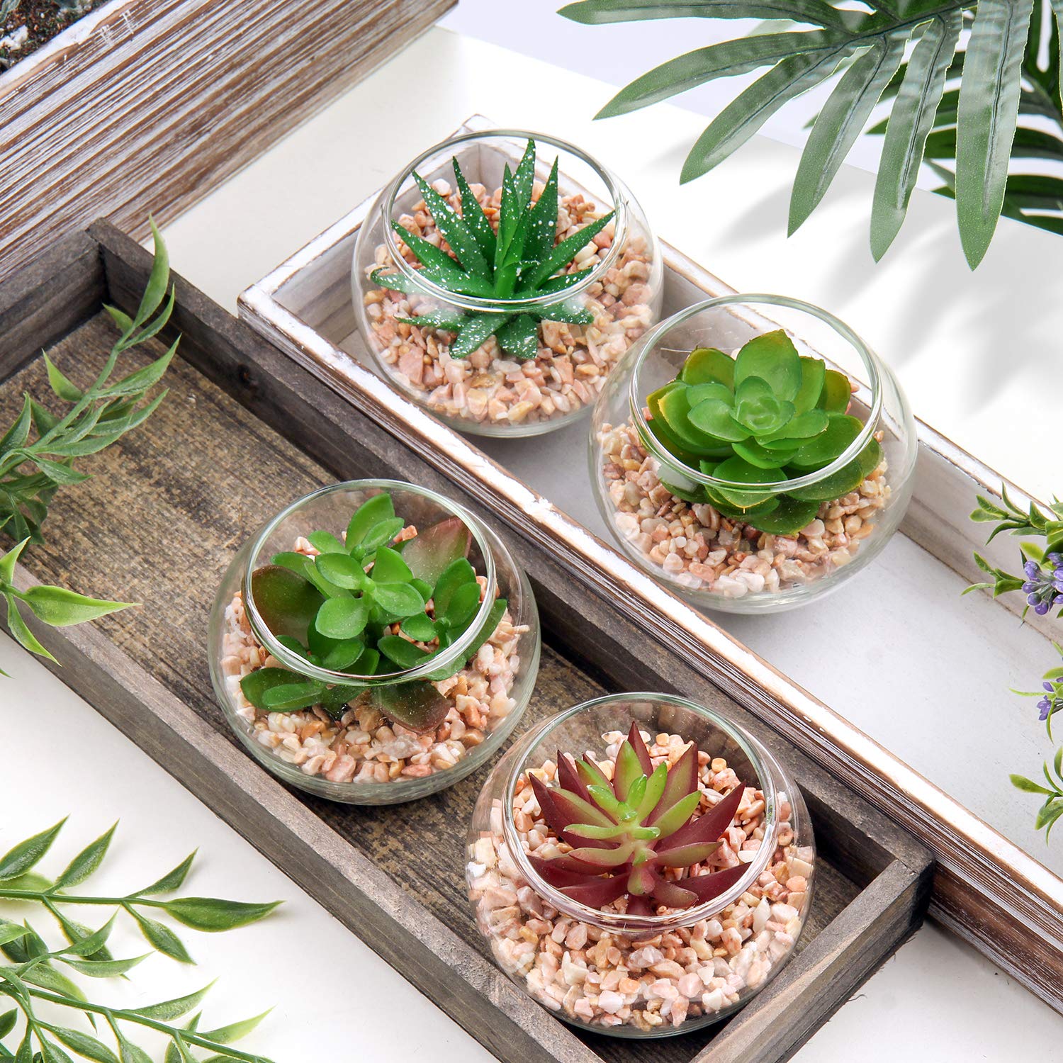 Briful Lot de 4 petites plantes succulentes artificielles en pot, fausses plantes grasses décoratives dans des pots géométriques en verre pour la maison, le bureau, la cuisine, la salle de bain, la