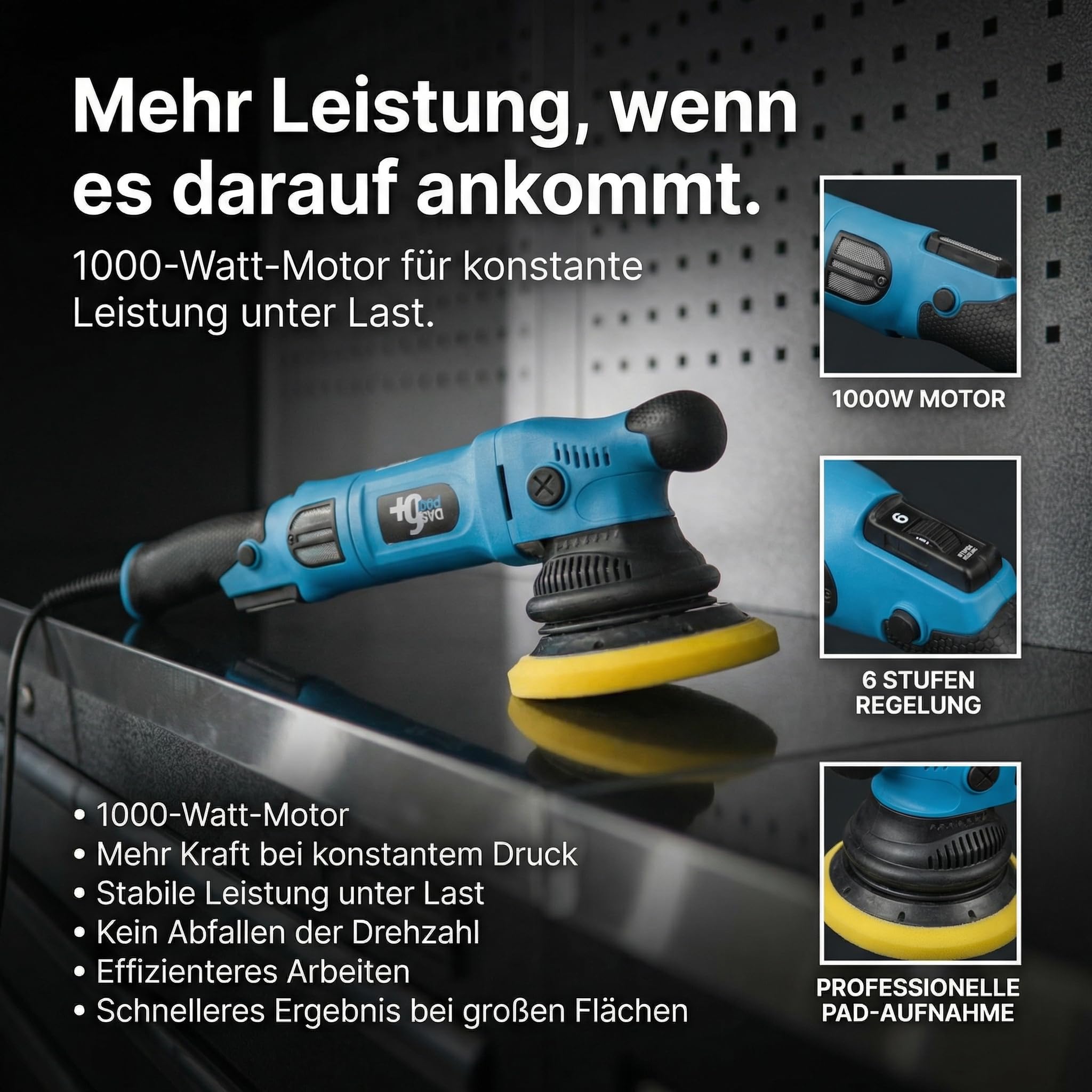 PRO Plus Poliermaschine Auto 1000 W – Exzenterpolierer Dual Action, 15 mm Hub, 6 Geschwindigkeiten, für 14 cm/16,5 cm Pads, Set mit Zubehör