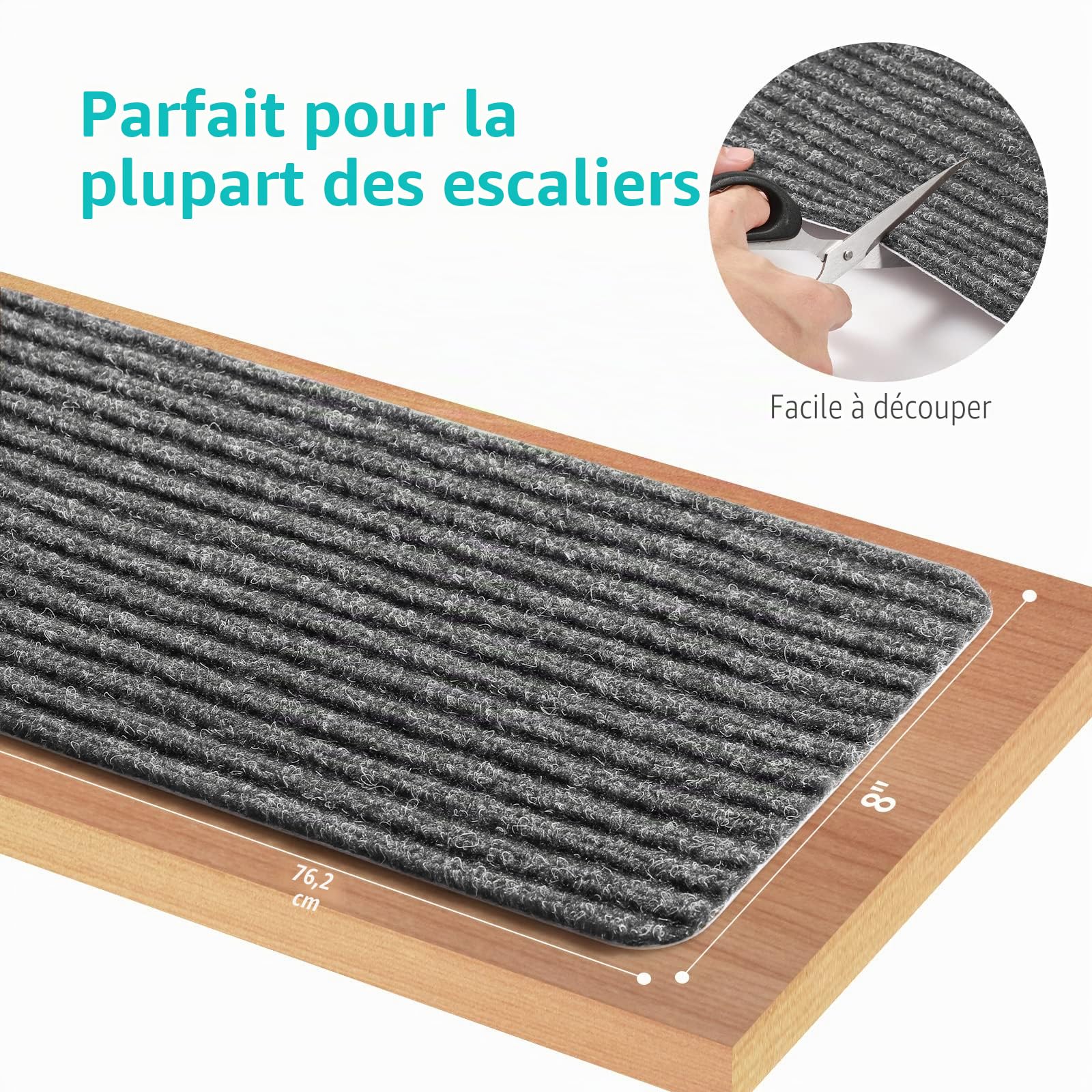 Lot de 15 marchettes d'escalier antidérapantes pour marches en Bois, (20 x 76cm) Adhésif pré-appliqué - Tapis d'intérieur antidérapant - Sécurité pour Personnes âgées, Enfants et Chiens, Gris