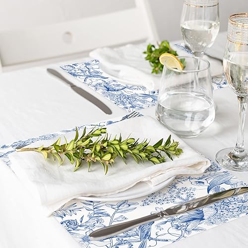 Miniatura 6 de Paquete de 50 manteles individuales de papel de flores y pájaros, ramas de hortensias azules y blancas, manteles individuales desechables de 11 x 17