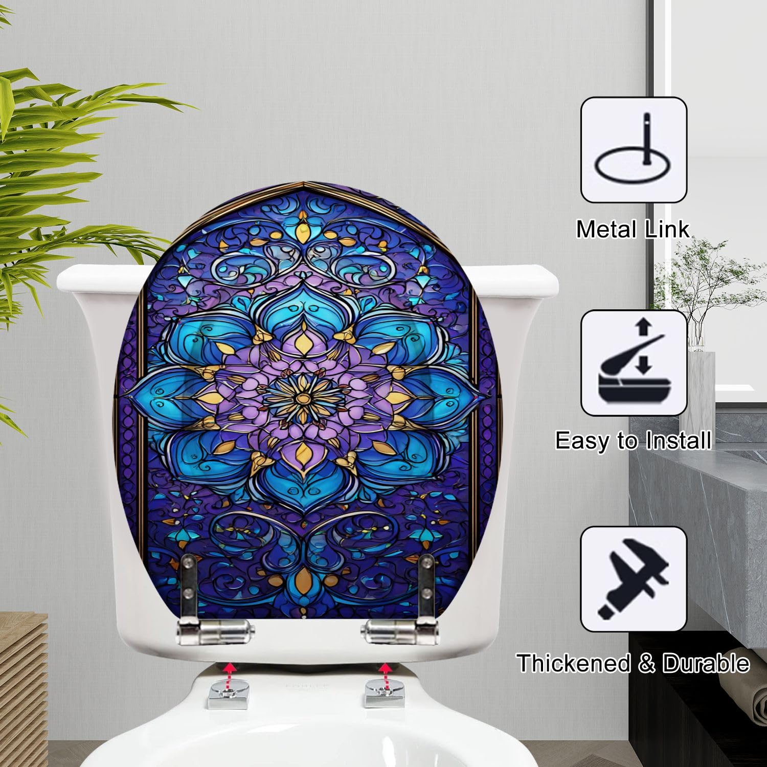 Asiento de inodoro redondo de resina para uso en el baño.