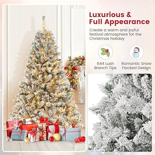Miniatura 4 de Goplus Árbol de Navidad flocado de nieve preiluminado de 3 minutos, árbol de Navidad artificial con bisagras de 6 pies con 300 luces LED blancas