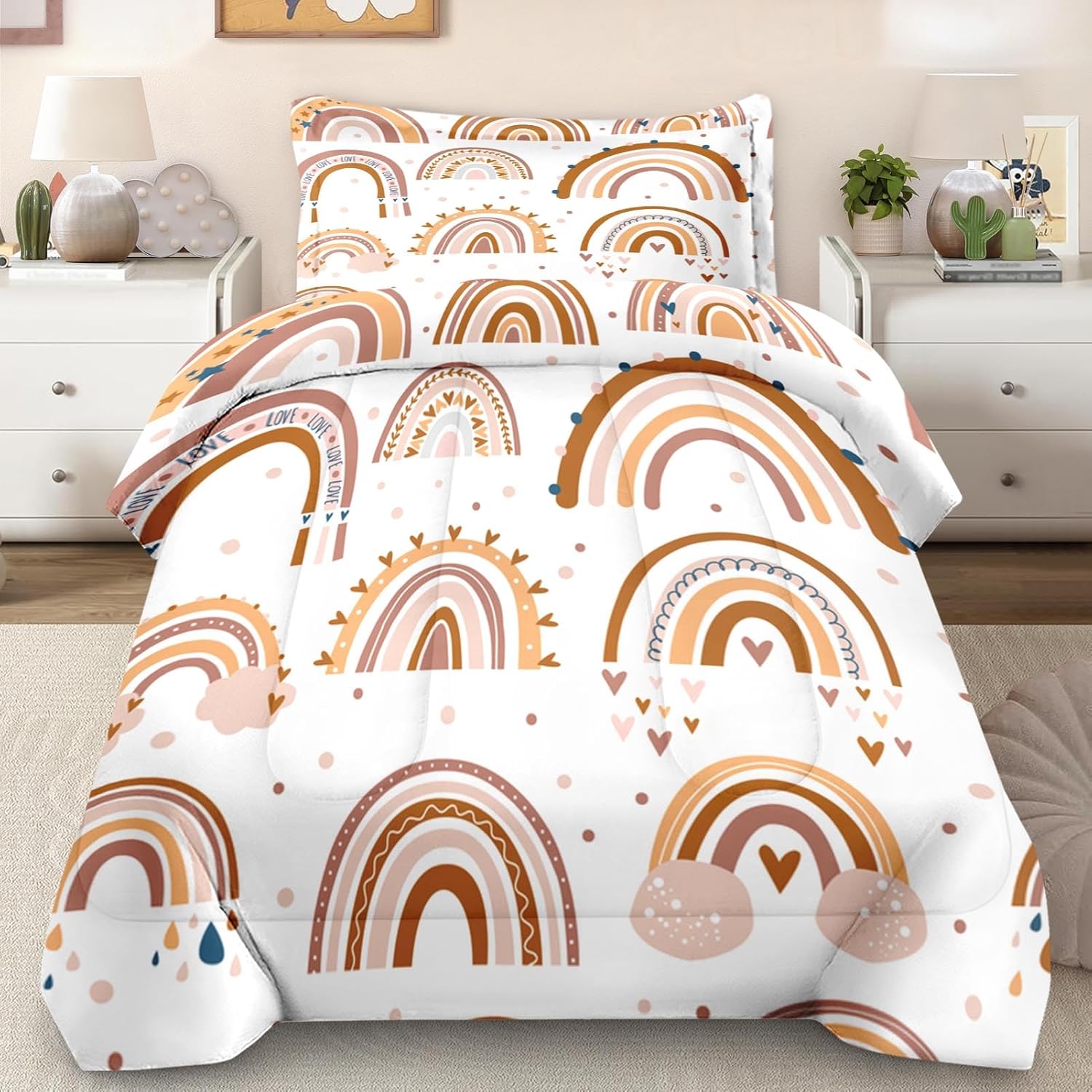 Comforter Set Twin Size, Boho Rainbow Pink Soft 2 Pcs Bedding for Kids and Adults, Love Colorful Nursery Comforter Set with Pillowcase, for Bedroom Bed Decor Twin Boho Rainbow Heart