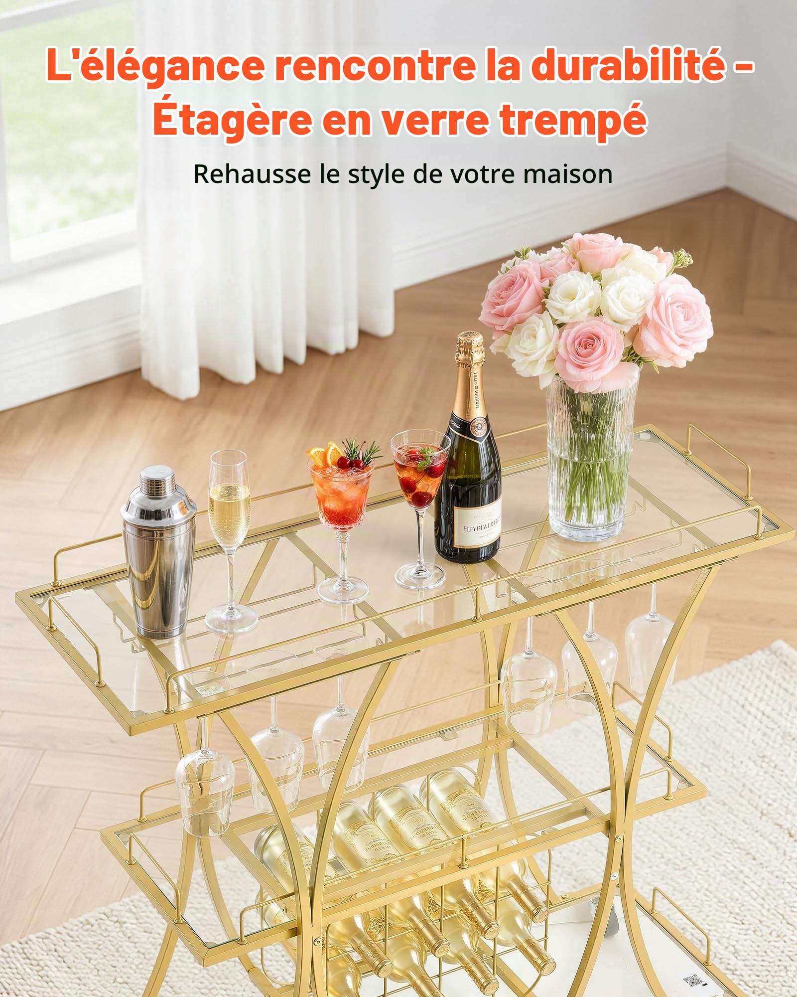 VEVOR Desserte Bar, Chariot de Service 3 Niveaux, pour Rangement Vins Ustensiles Cuisine, Bar Roulant avec Plateau en Verre Trempé, Range-Bouteilles et Porte-Verres à Pied, Chariot à Boissons Doré
