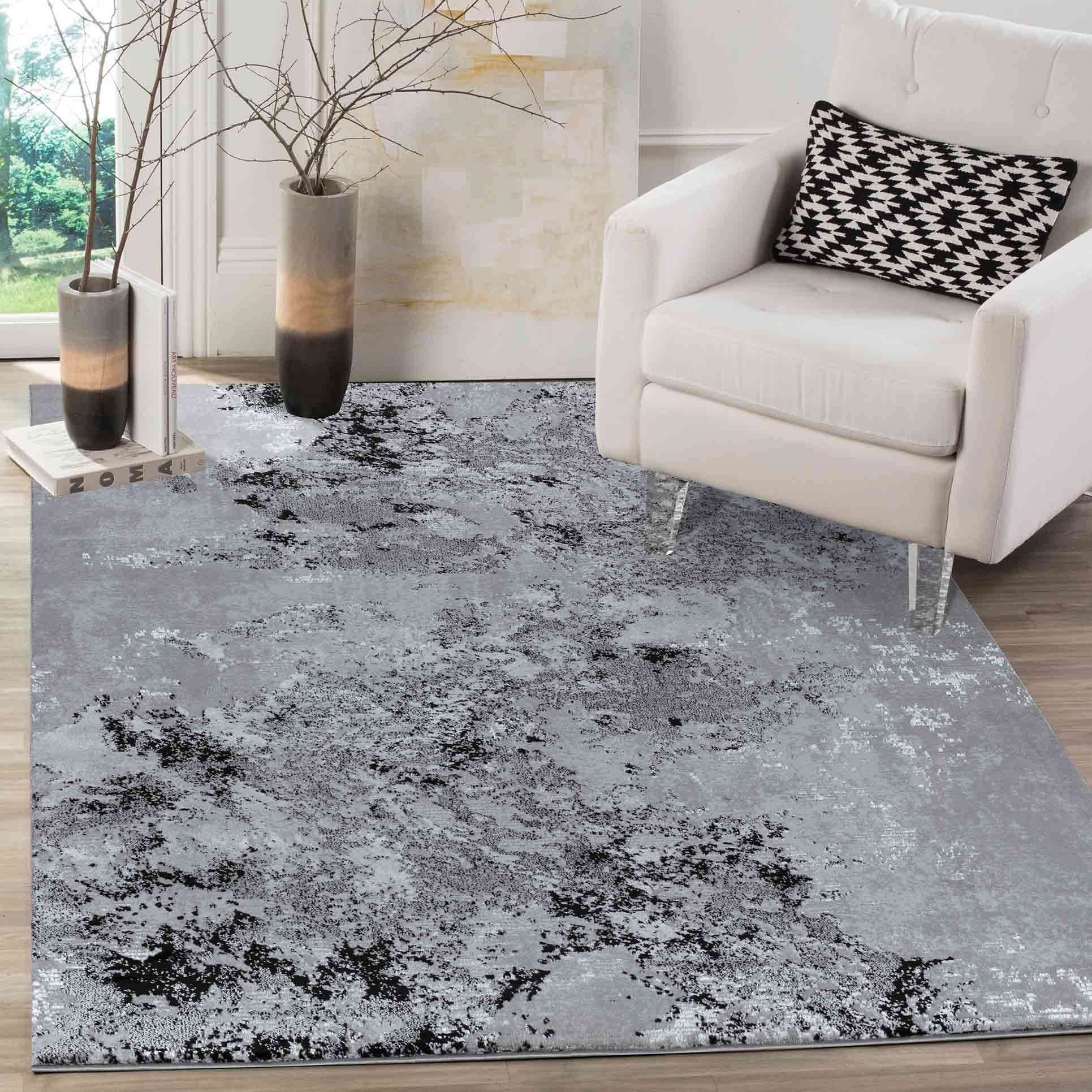 Serdim Rugs Serenity Modern Abstract Sprayed Grunge Textured Contemporary Area Rugs, Black, Rectangle 160 x 230cm