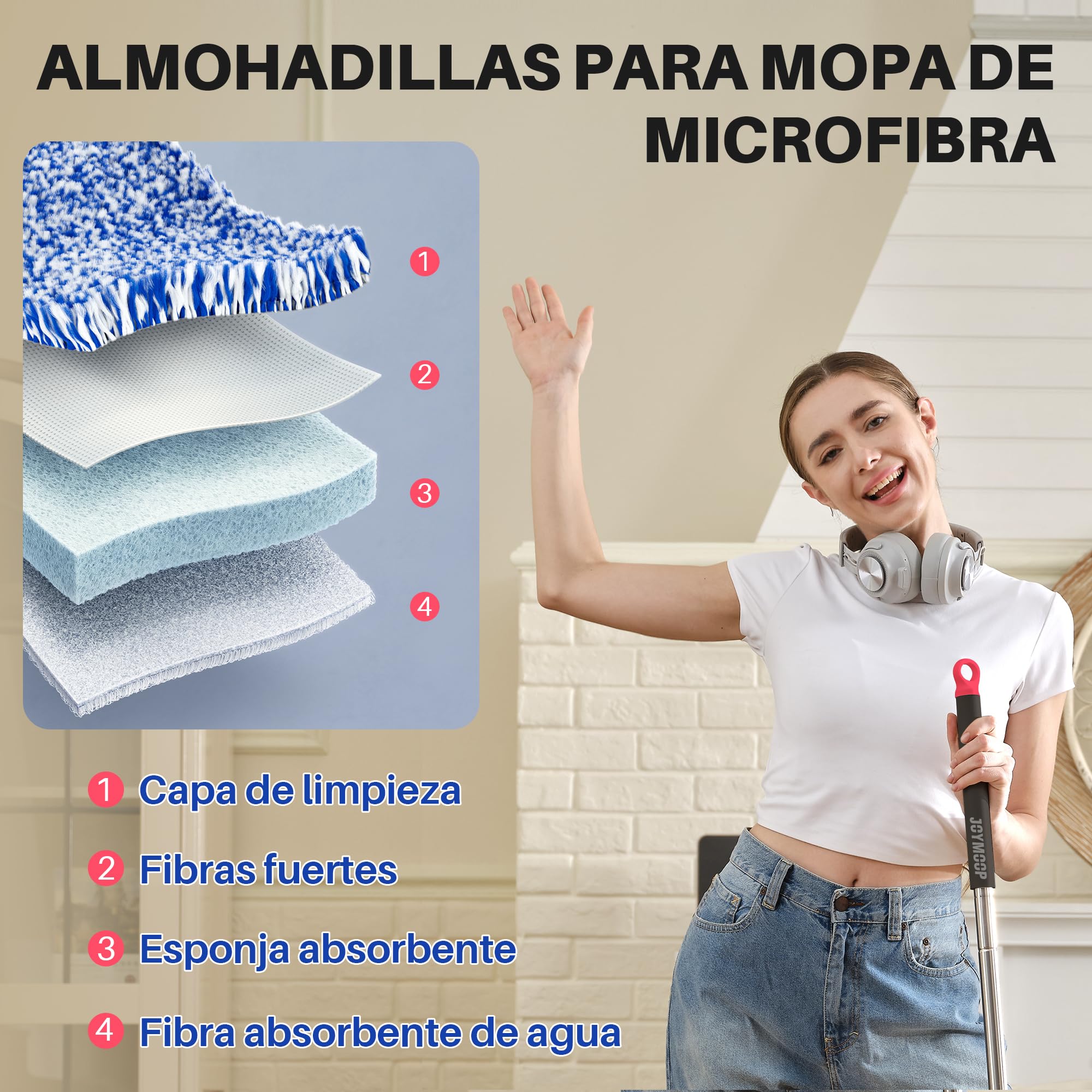 JOYMOOP Juego de mopa y Cubo para el hogar, Sistema de autolimpieza Manos Libres, 3 Almohadillas de Microfibra Reutilizables, para Pisos y Paredes - Negro + Rojo + Azul Pizarra