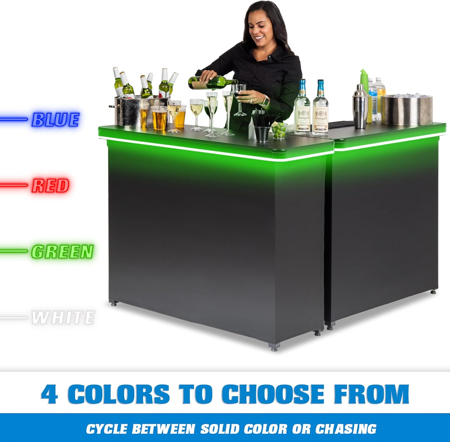 GoPong GoBar PRO LED Double Bar Table Set - Portable Commercial Grade Mobile Bartender Station with Multi-Color Lights