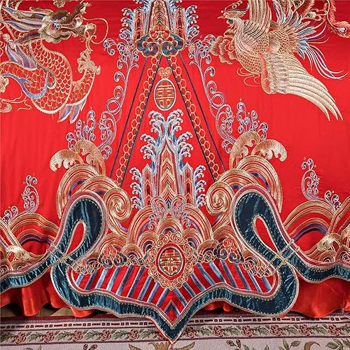 Miniatura 6 de Juego de ropa de cama de lujo con bordado de dragón y pájaro fénix, diseño de dragón y ave fénix, tamaño King, Queen, 100% algodón, bordado, color