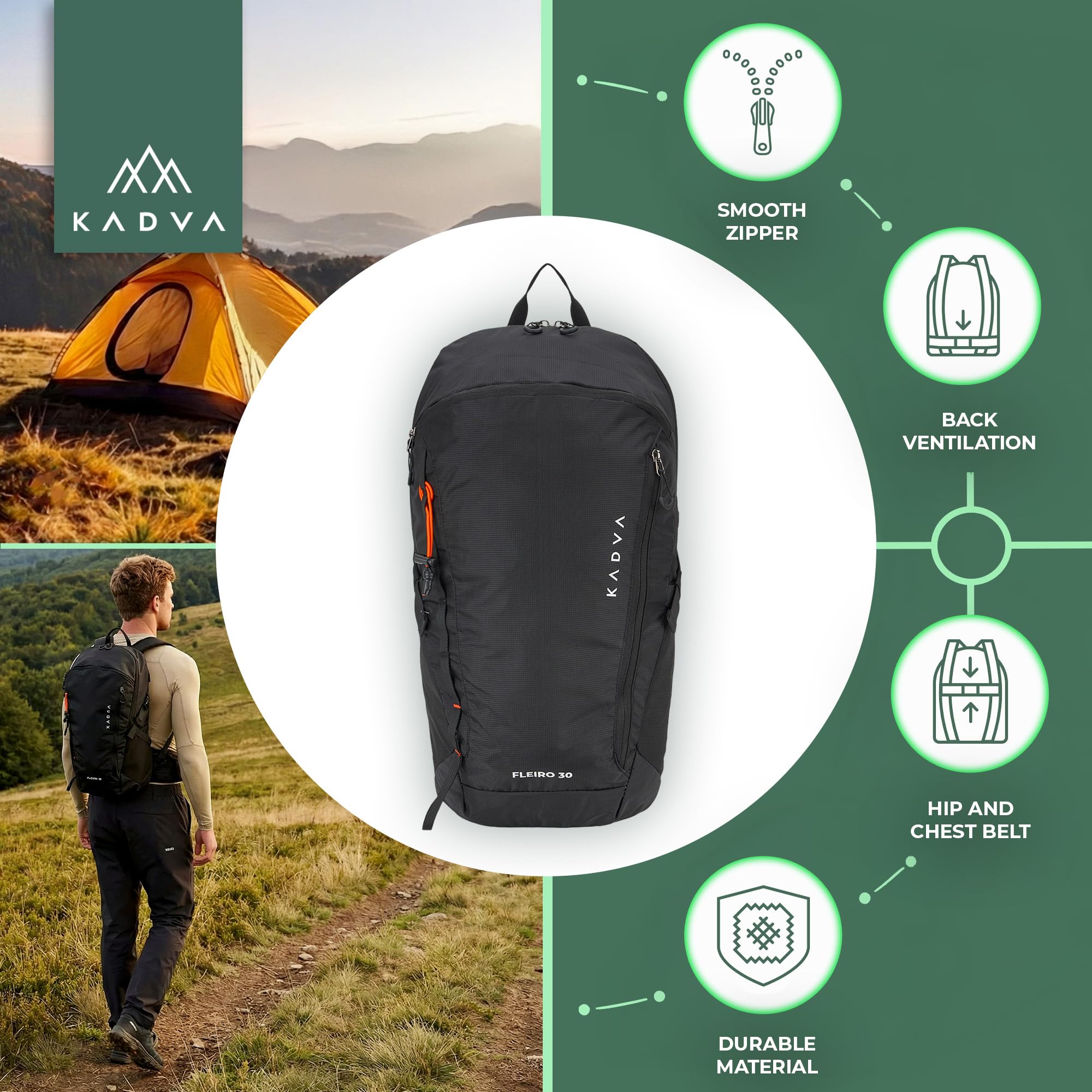 KADVA Fleiro 30L Mochila de Senderismo con Portaequipajes, Funda para Lluvia, Compresión, Bolsillos, Cinturón de Cadera, Organizador, Trekking y Montañas.