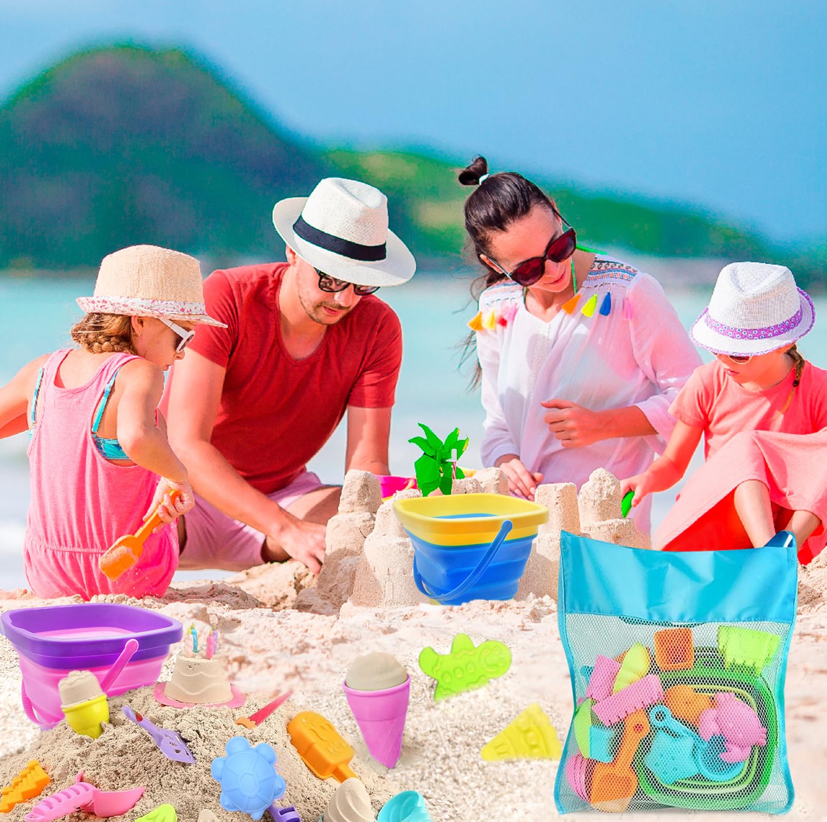 35 Piezas Juguetes de Playa para Niños, Juegos Playa Niños con Cubo Playa Plegable, Bolsa Malla Reutilizable, Pala de Arena, Moldes de Arena, Juguetes al Aire Libre para 3 4 5 Años