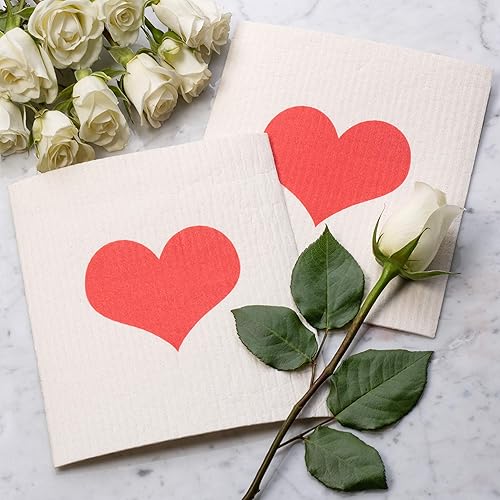 Miniatura 5 de Paquete de 2 paños de cocina suecos con estampado de corazón rojo, esponjas reutilizables para limpiar platos, lavable a máquina, mide 7.87 x 6.88