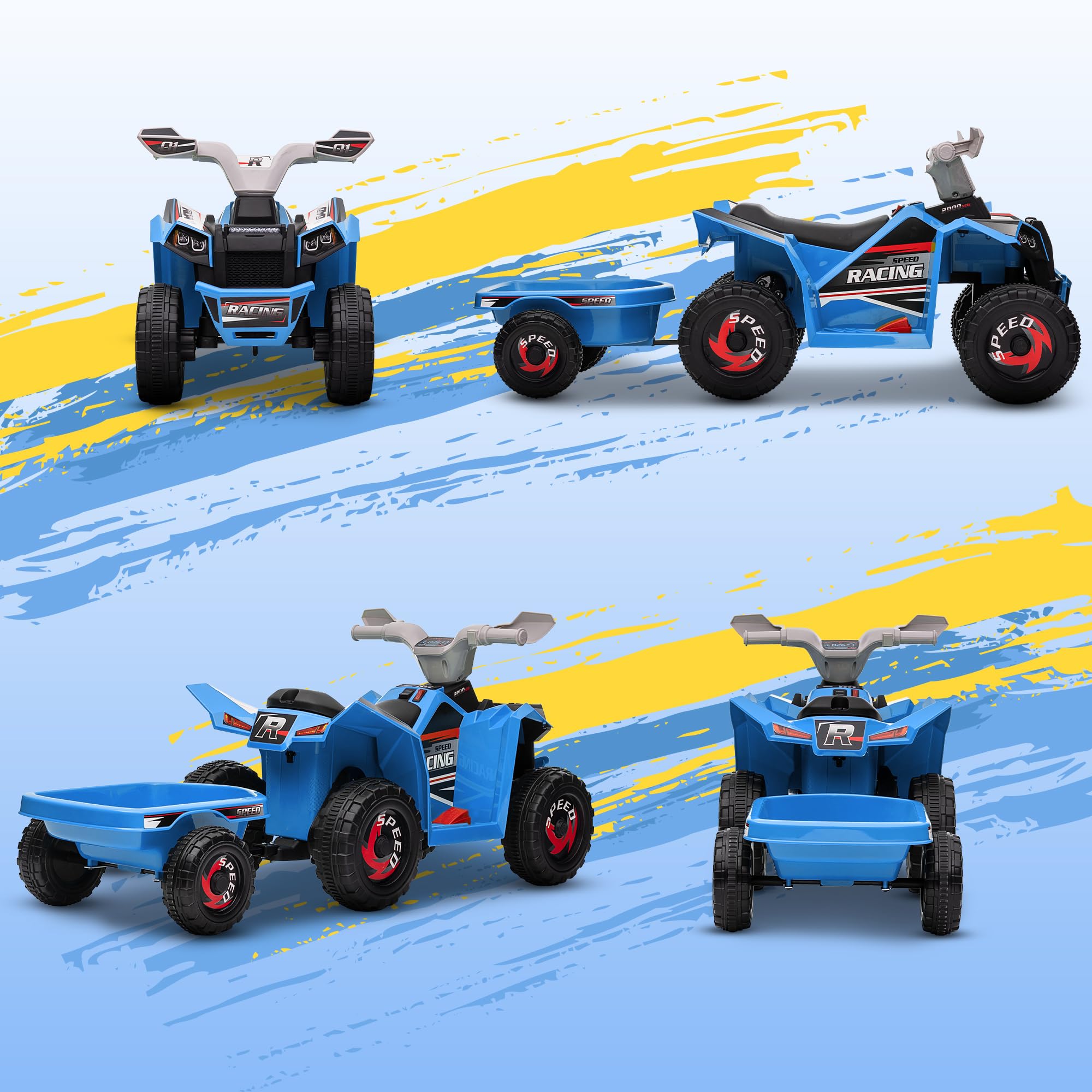 HOMCOM Quad Eléctrico para Niños con Remolque a Batería 6V, Quad para Niños de 18-36 Meses con Velocidad 2,5 km/h, 6 Ruedas y Manillar Antideslizante, 106x41,5x48,5 cm, Azul